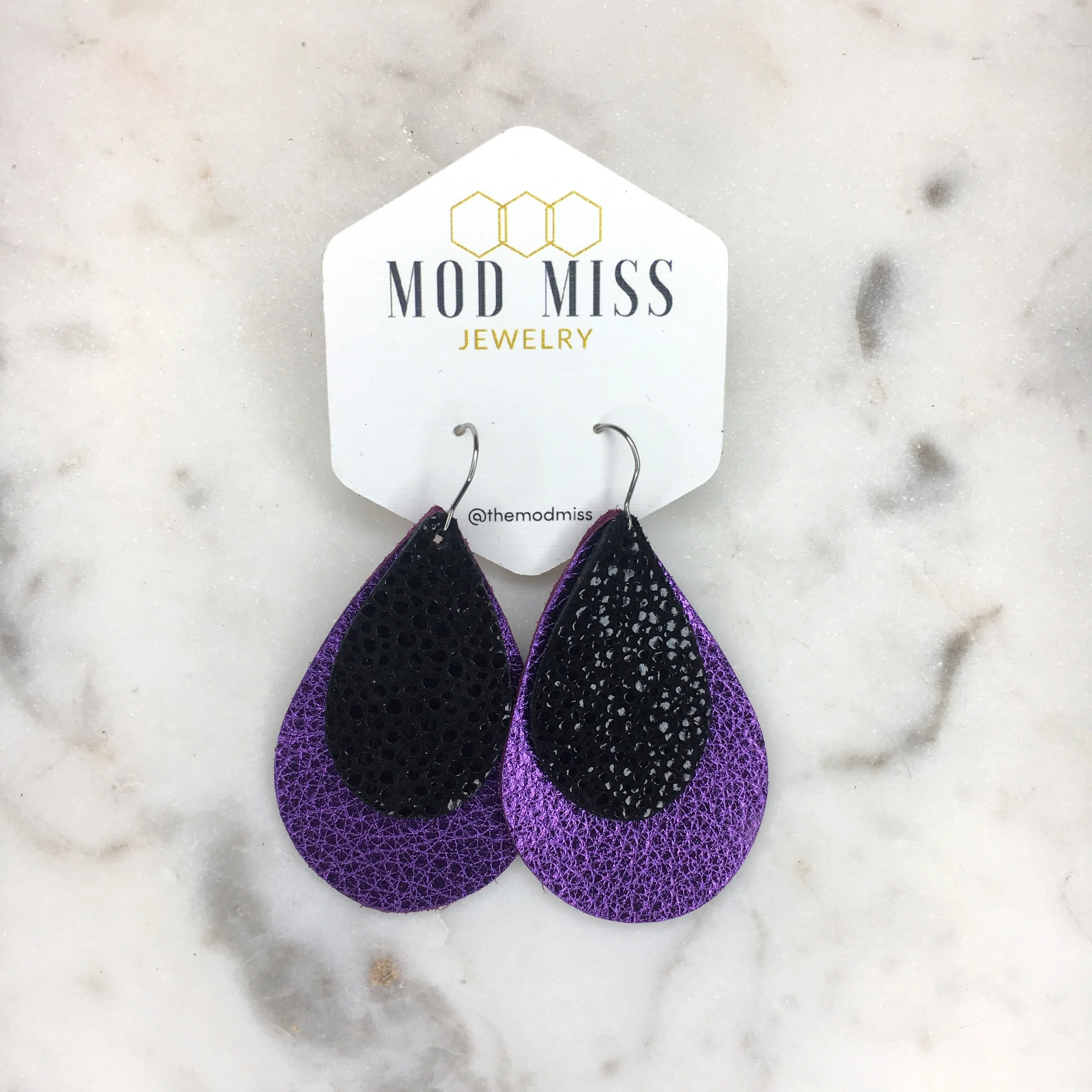 Leather Stacked Teardrop Earring Metallic Purple   Stingray Black