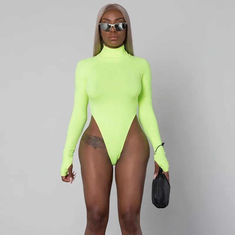 Long Sleeve High Neck Neon Bodycon Sexy Bodysuit