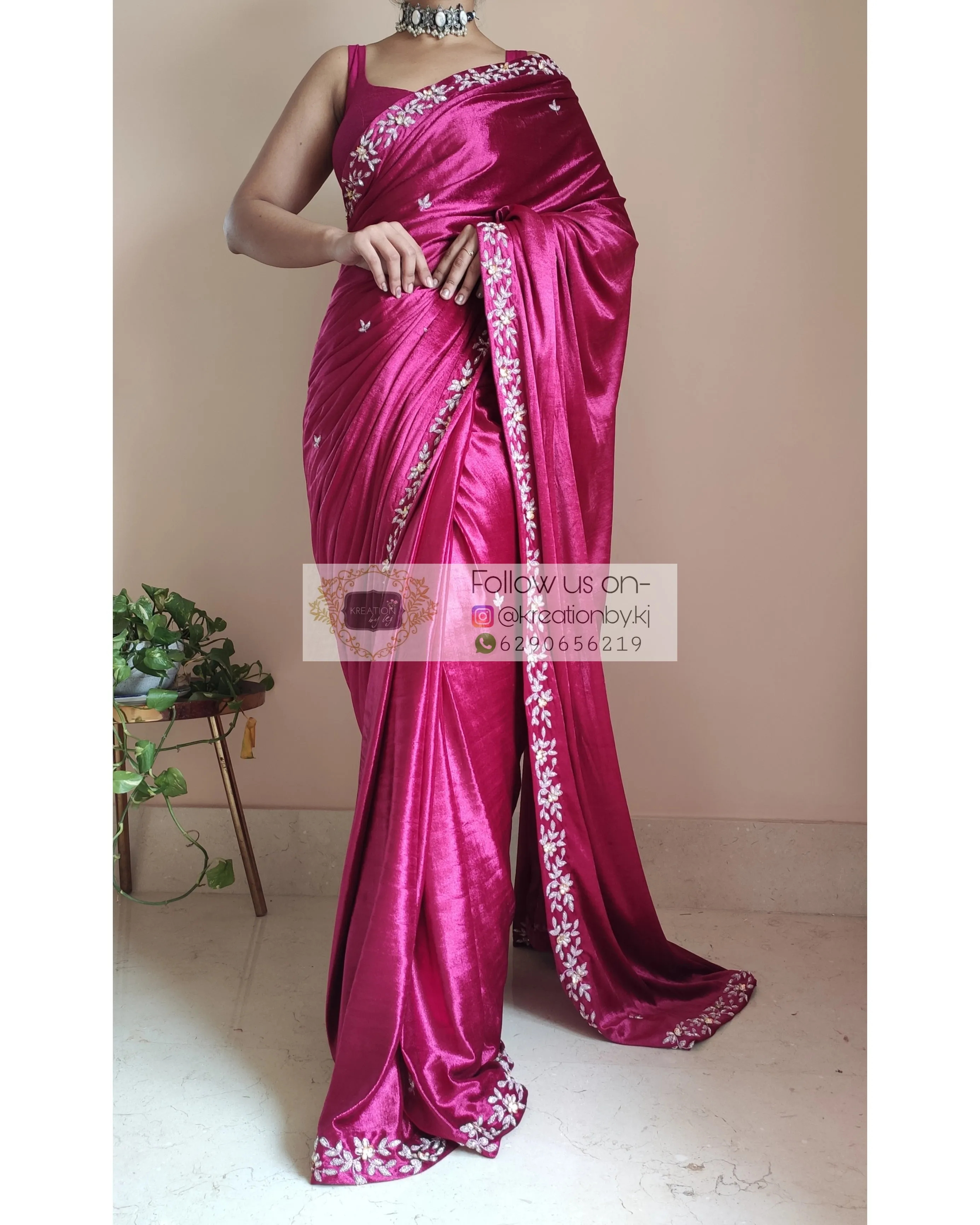 Magenta Velvet Handembroidered Chandani Saree