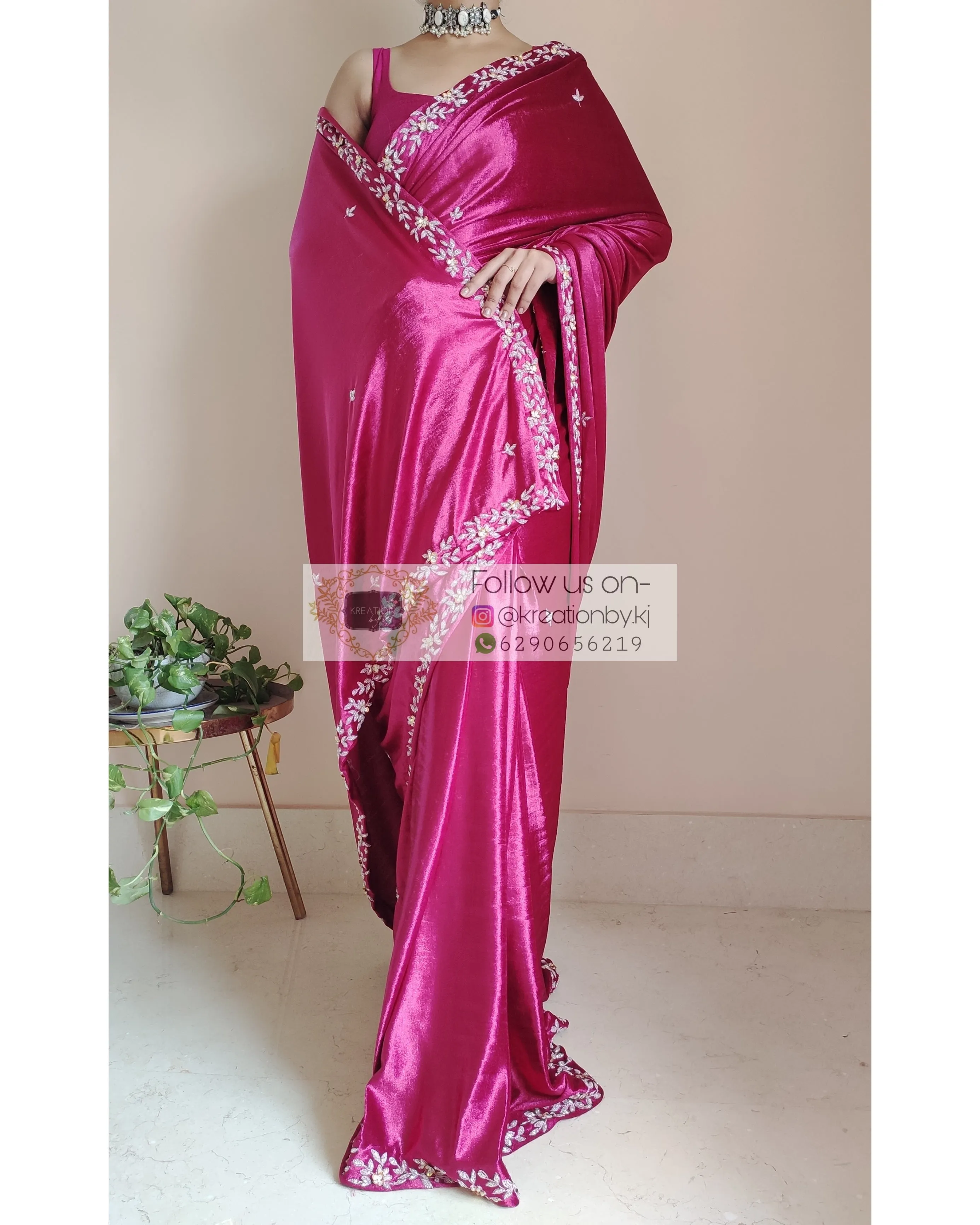 Magenta Velvet Handembroidered Chandani Saree