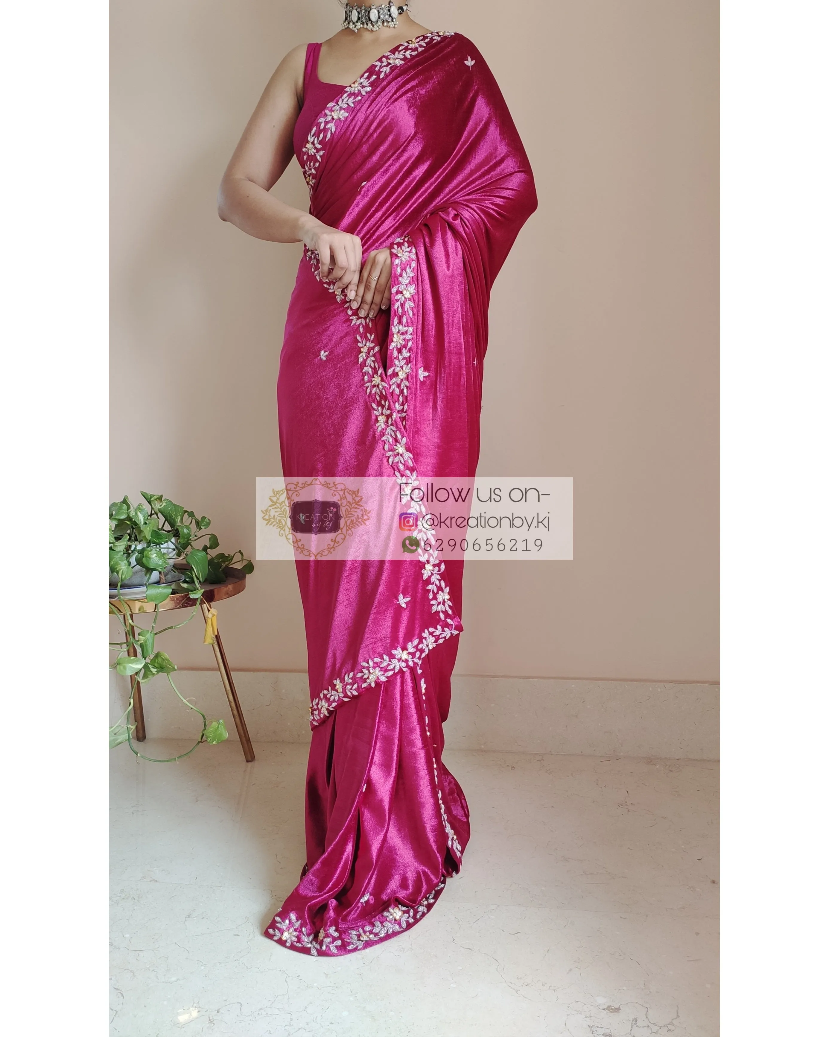 Magenta Velvet Handembroidered Chandani Saree