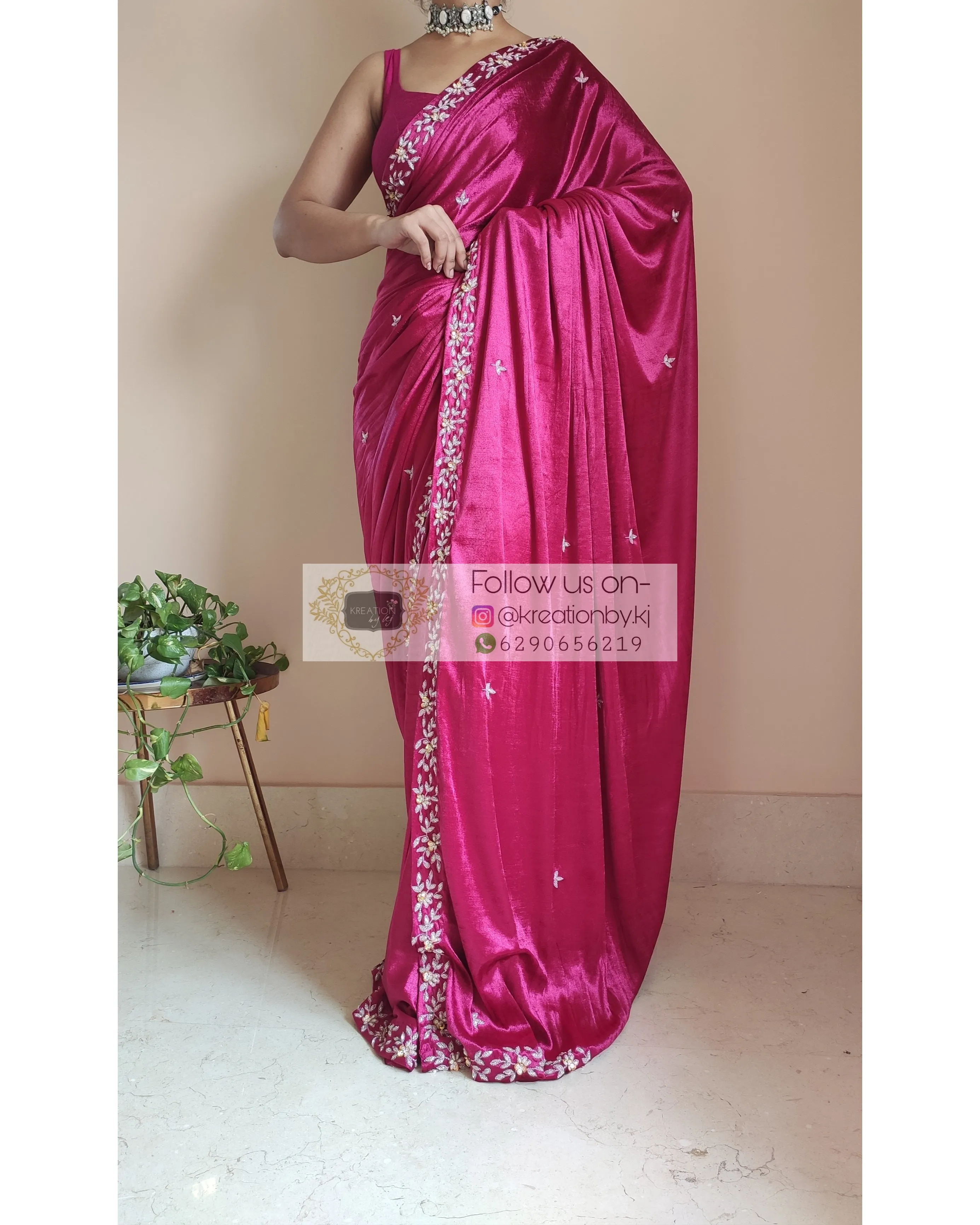 Magenta Velvet Handembroidered Chandani Saree