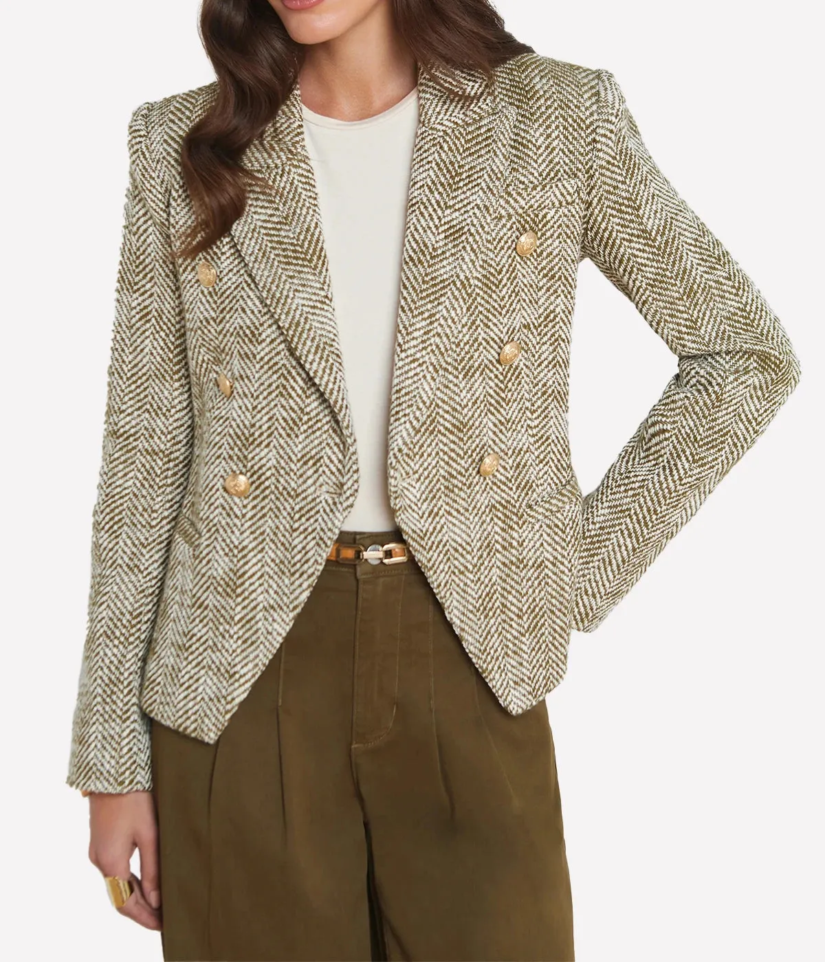 Marie Double Breasted Blazer in Army Ecru Herringbone