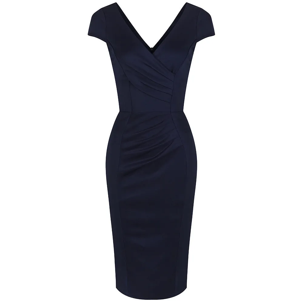 Navy Blue Capped Sleeve Bodycon Wiggle Dress