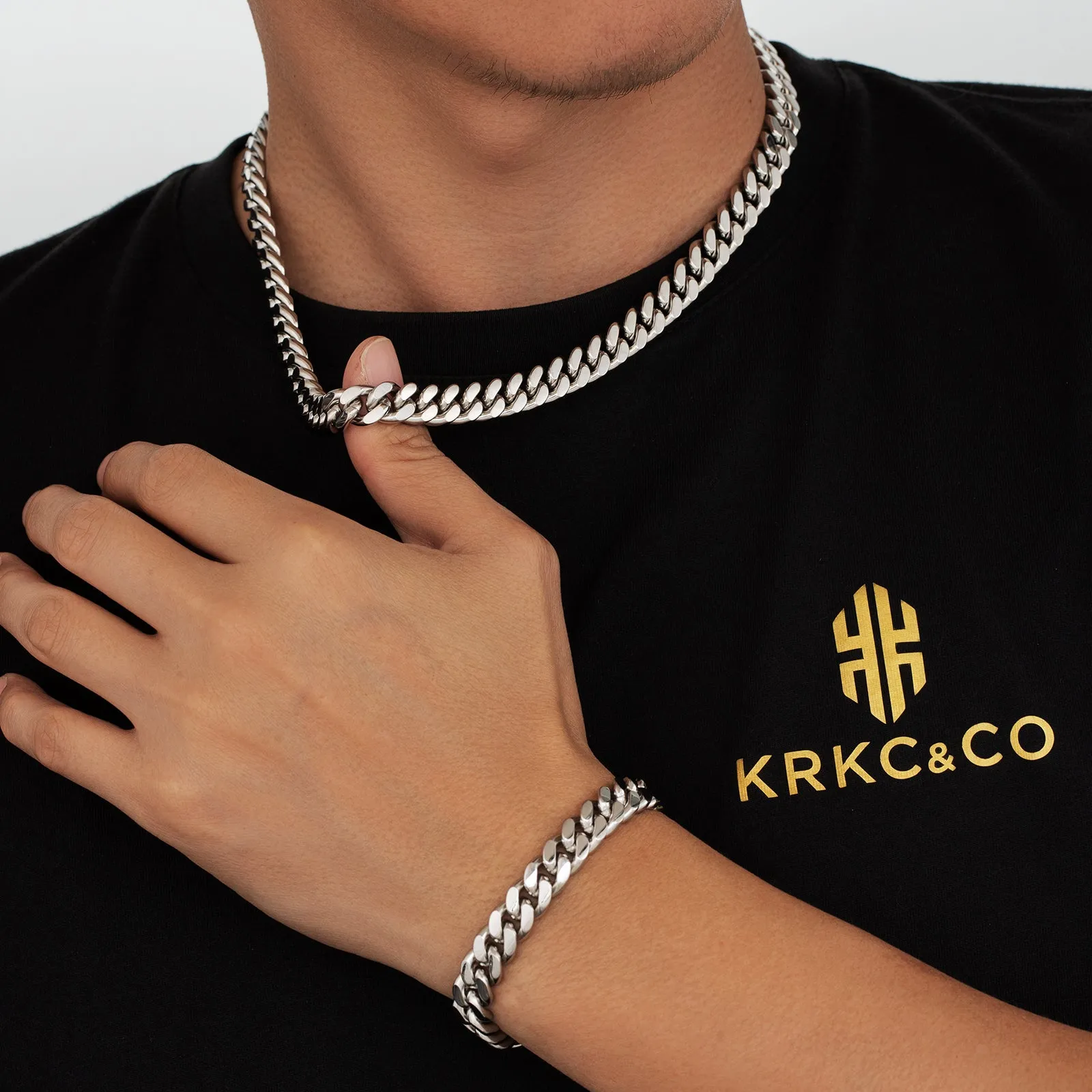 【NEW】10mm Miami Cuban Link Curb Chain and Bracelets Set with Hook Buckle Clasp in White Gold