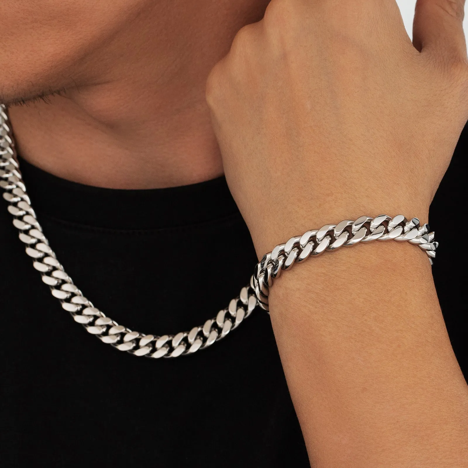 【NEW】10mm Miami Cuban Link Curb Chain and Bracelets Set with Hook Buckle Clasp in White Gold