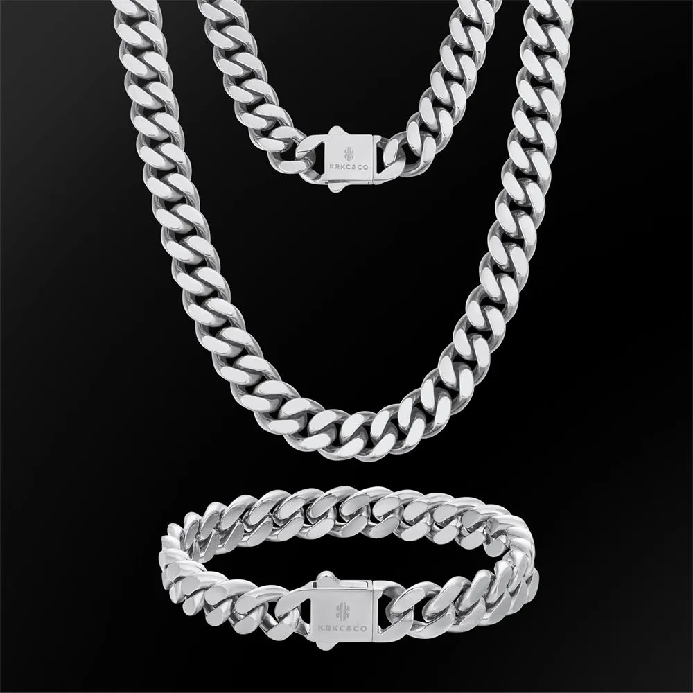 【NEW】10mm Miami Cuban Link Curb Chain and Bracelets Set with Hook Buckle Clasp in White Gold