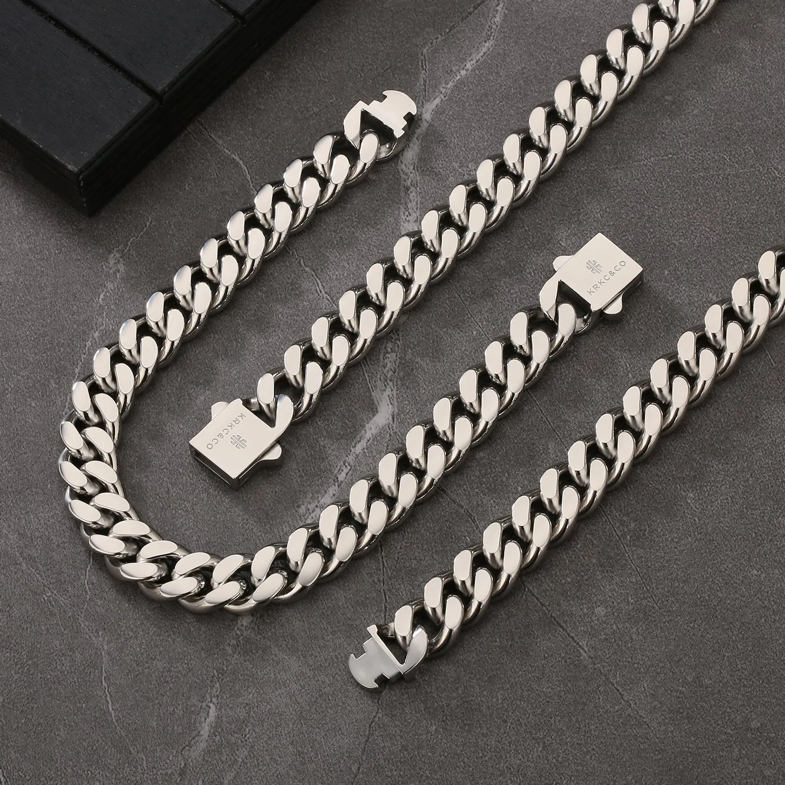 【NEW】10mm Miami Cuban Link Curb Chain and Bracelets Set with Hook Buckle Clasp in White Gold