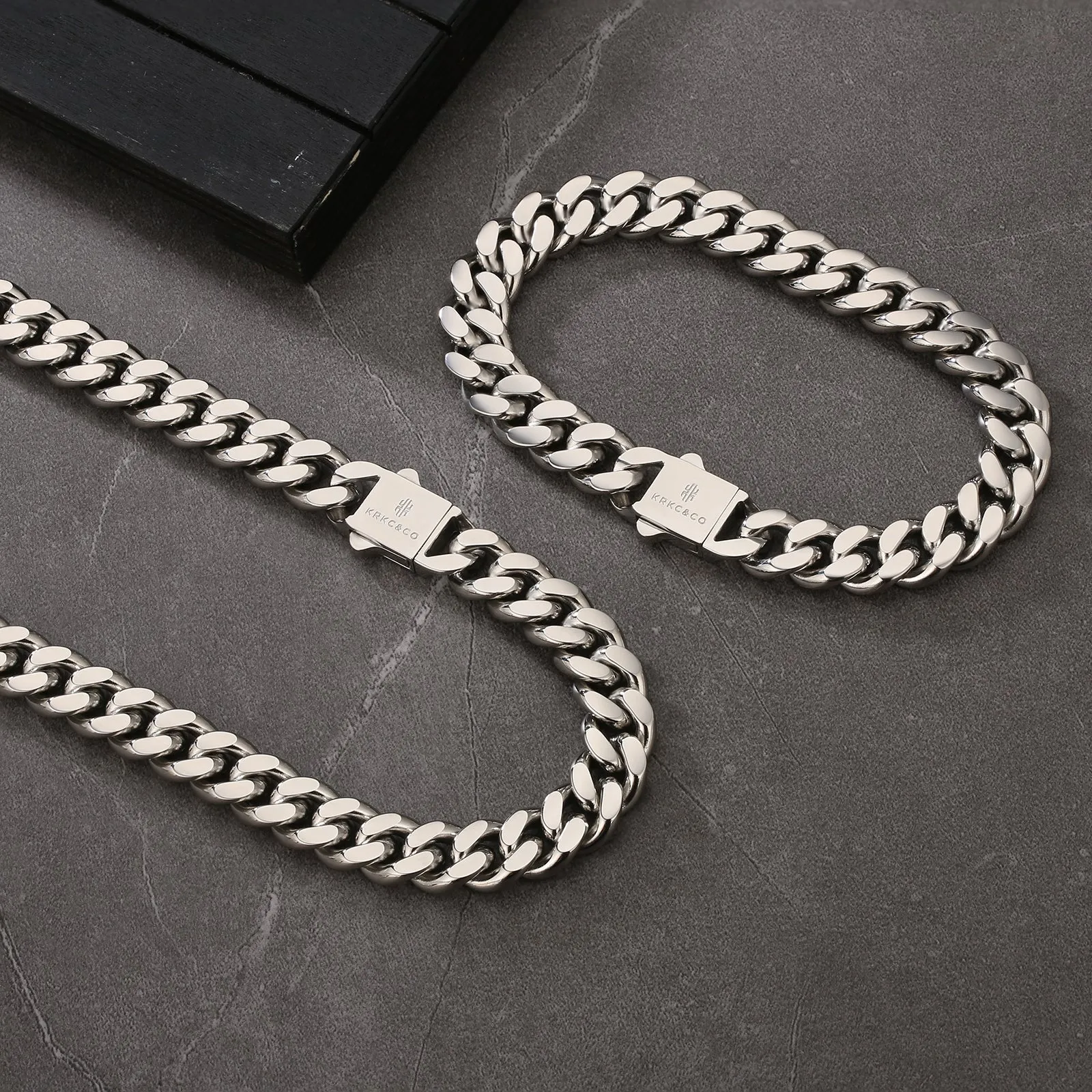 【NEW】10mm Miami Cuban Link Curb Chain and Bracelets Set with Hook Buckle Clasp in White Gold