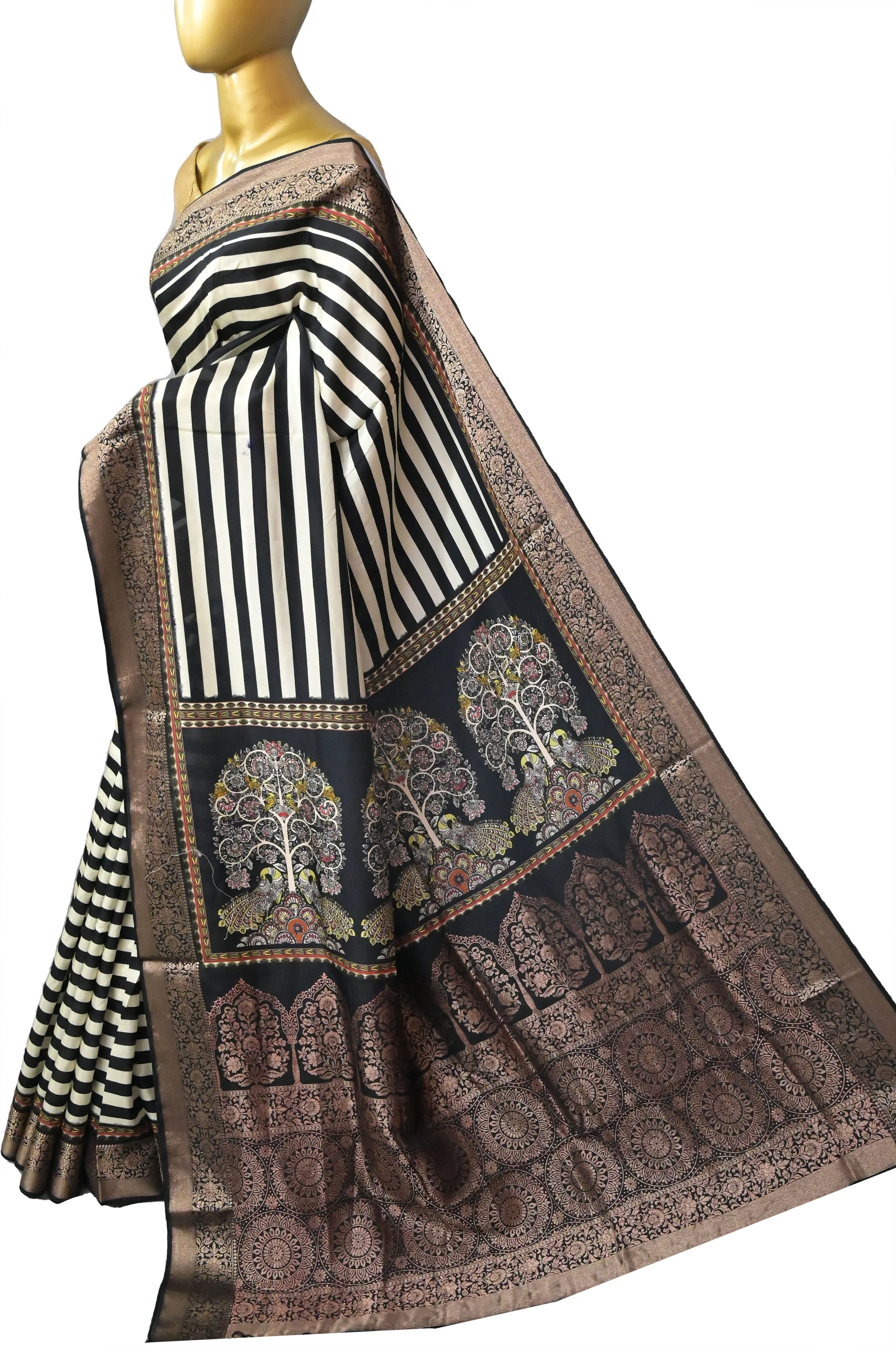 Offwhite and Black Color Dola Silk Saree with Golden Zari and Stripe Body