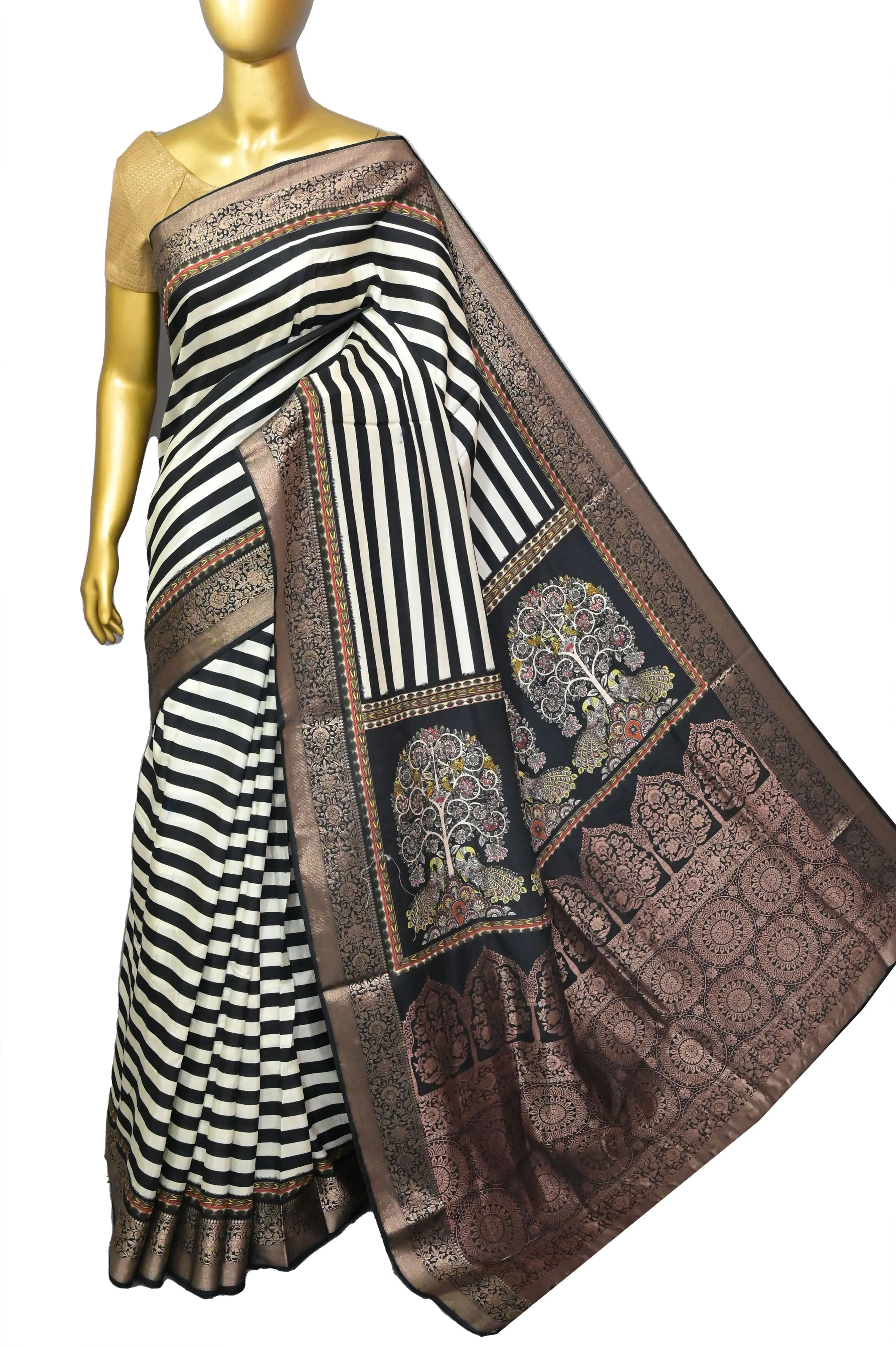 Offwhite and Black Color Dola Silk Saree with Golden Zari and Stripe Body