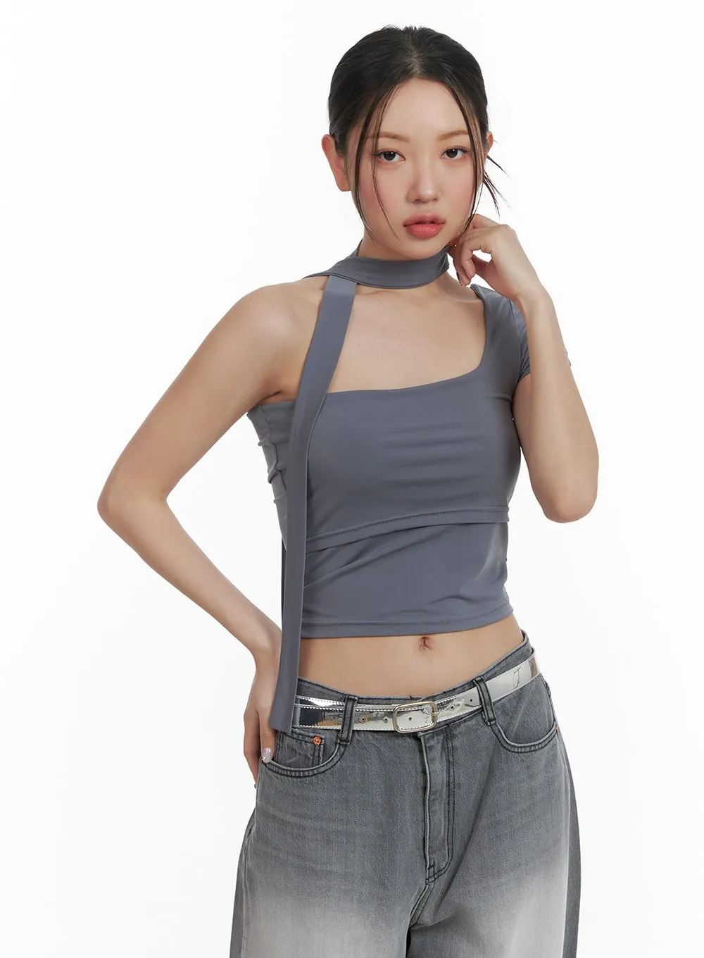 One Shoulder Crop Tee with Thin Scarf CA416