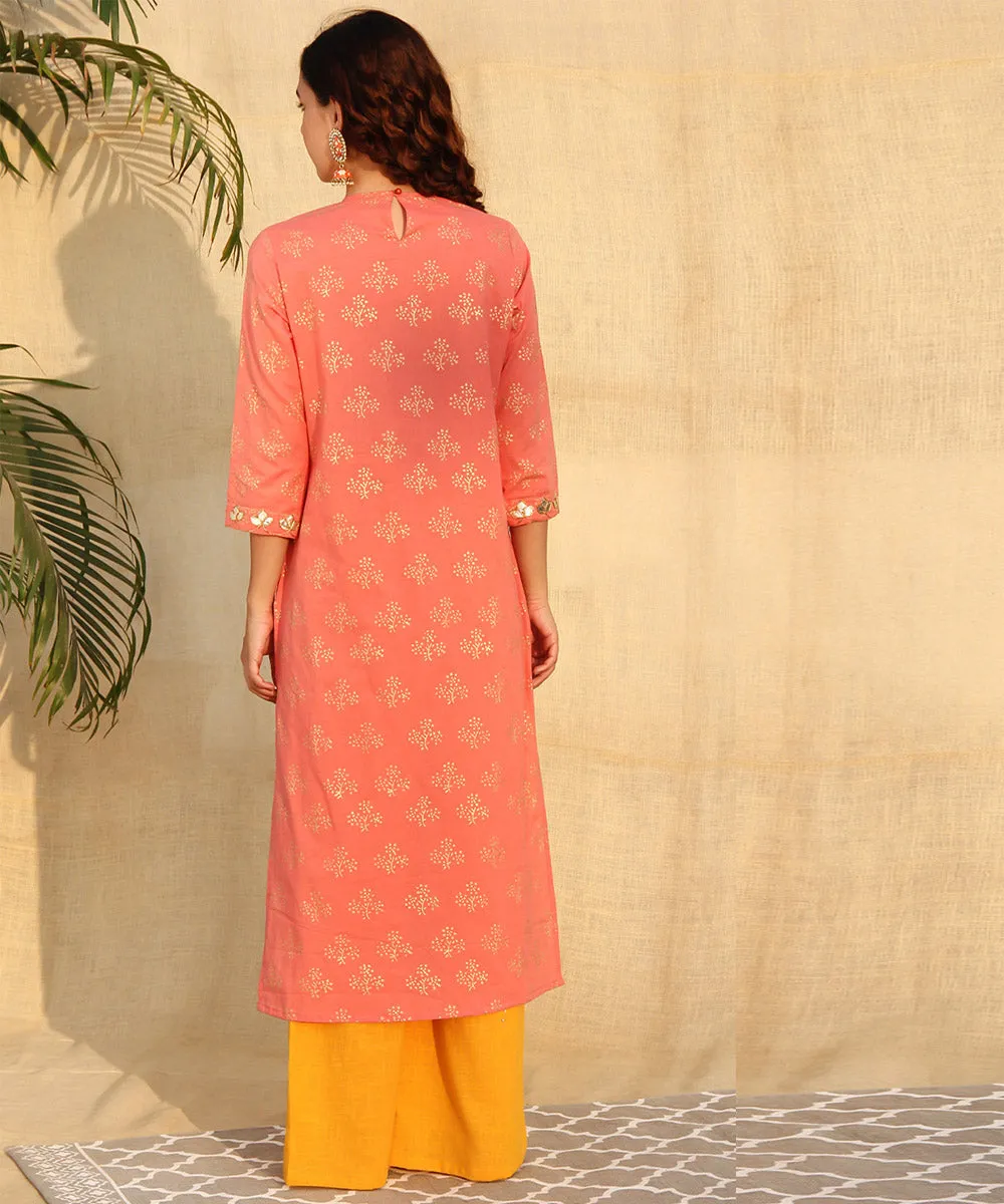 Orange yellow gold gota work hand block printed kurta set of-2