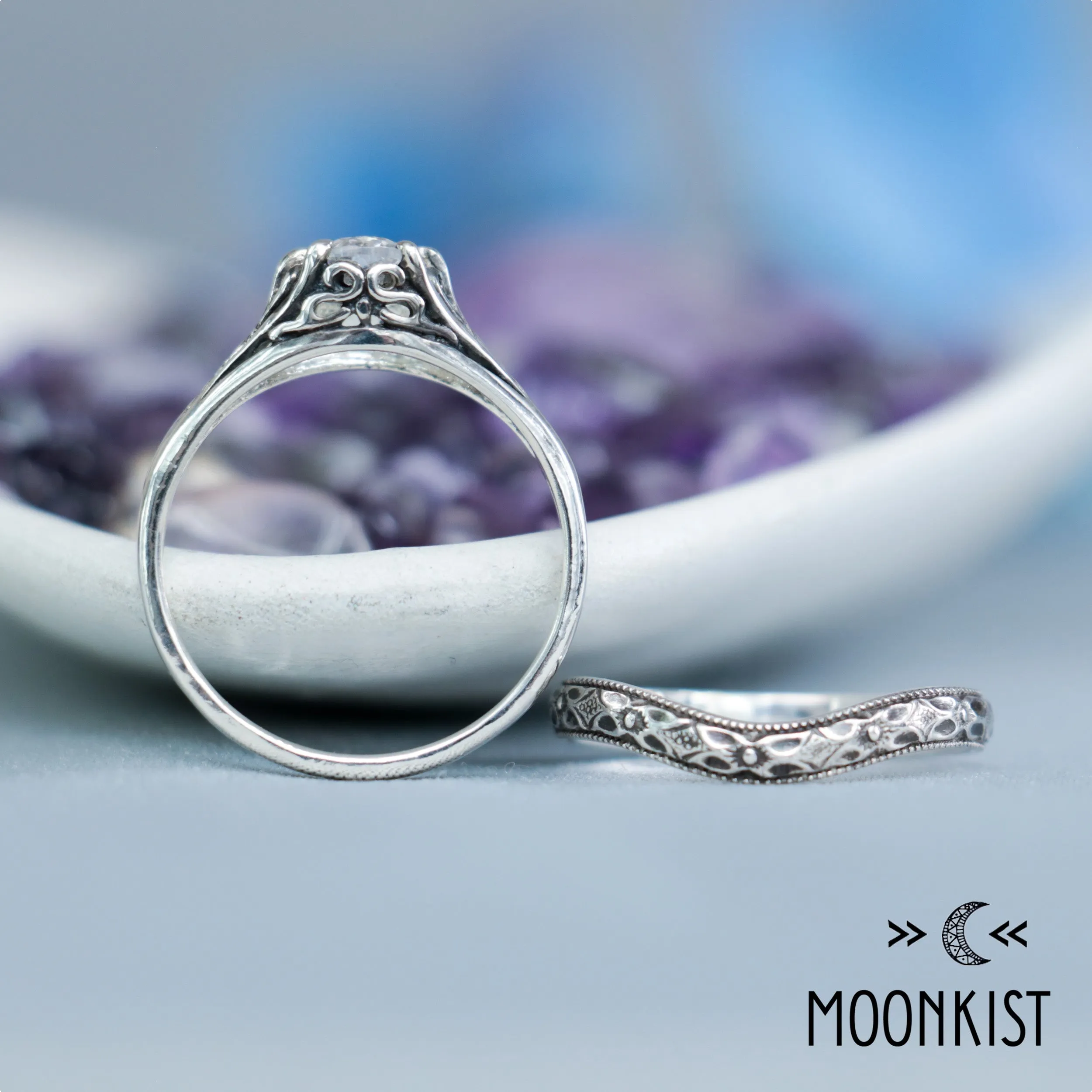 Oval Filigree Engagement Ring Set & Curved Wedding Band | Moonkist Designs