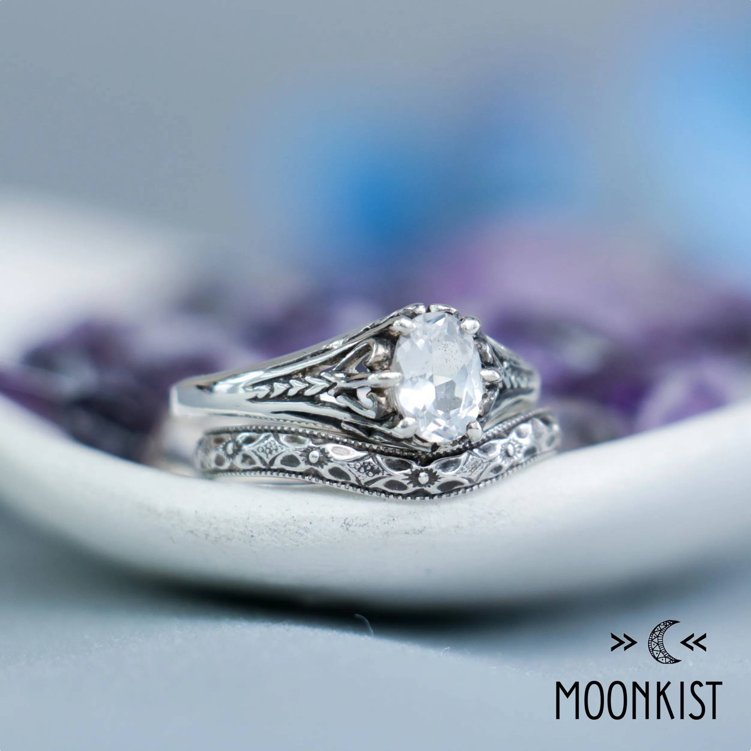 Oval Filigree Engagement Ring Set & Curved Wedding Band | Moonkist Designs