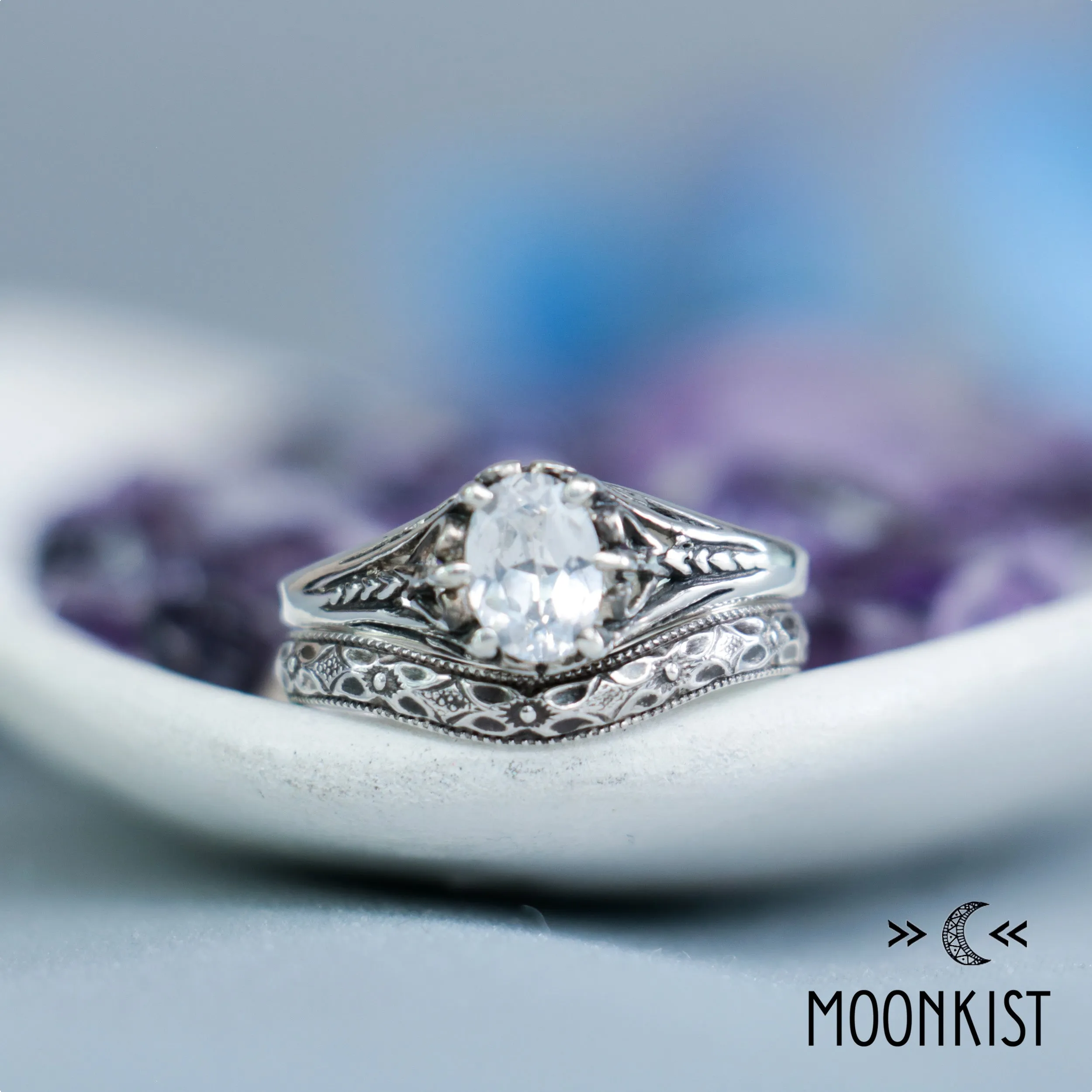 Oval Filigree Engagement Ring Set & Curved Wedding Band | Moonkist Designs