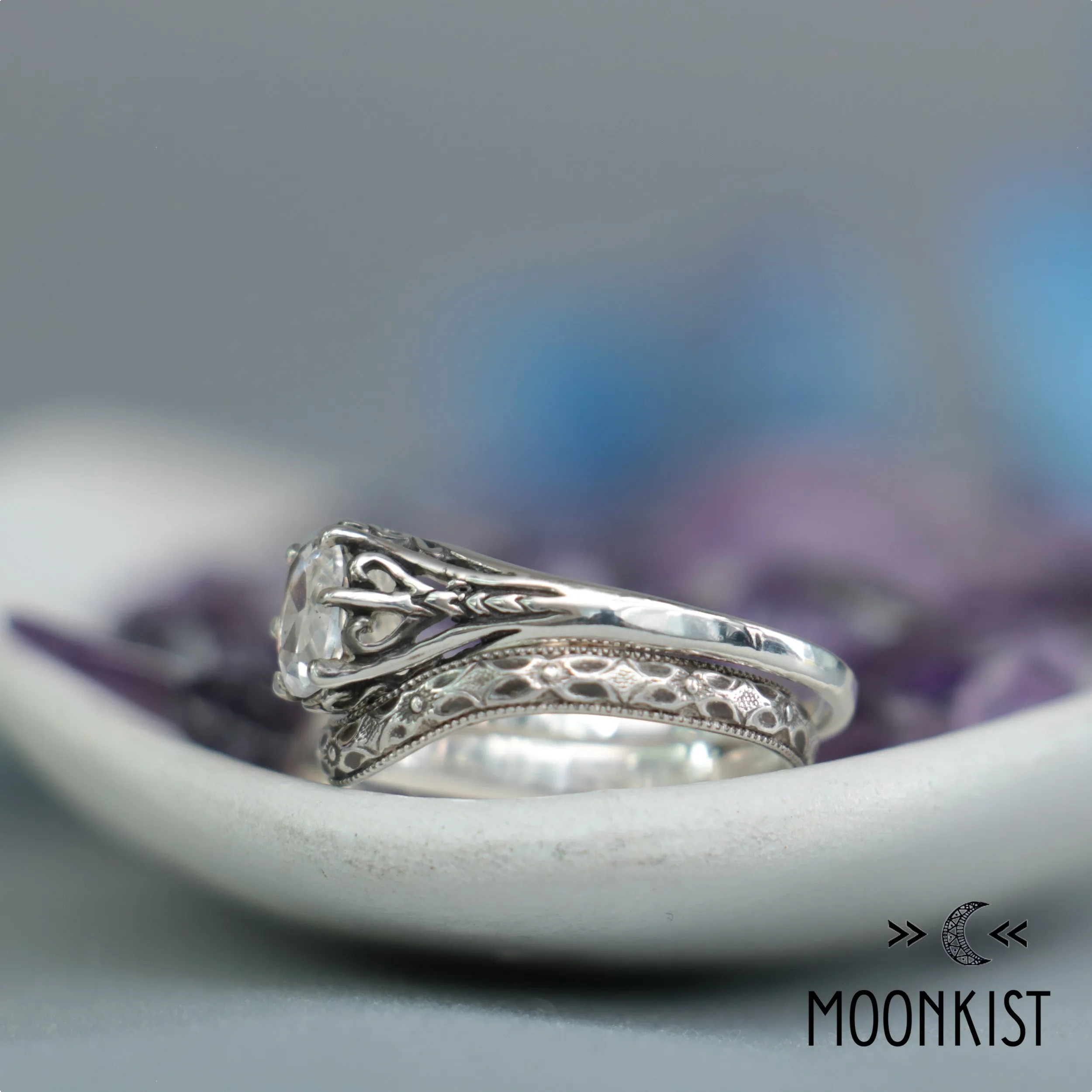 Oval Filigree Engagement Ring Set & Curved Wedding Band | Moonkist Designs