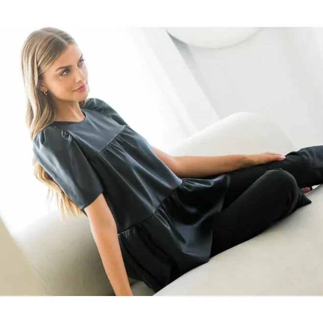 Paris Black Leather Tiered Short Sleeve THML Top-SALE