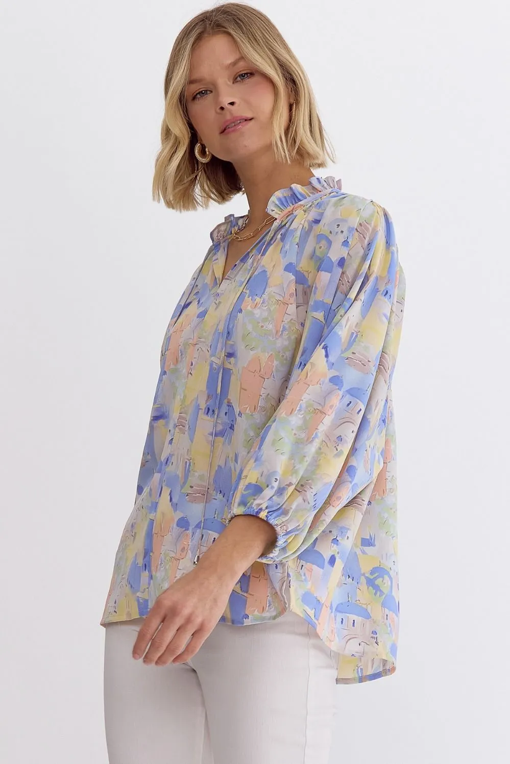 Printed V-Neck 3/4 Sleeve With Ruffle Detail Top