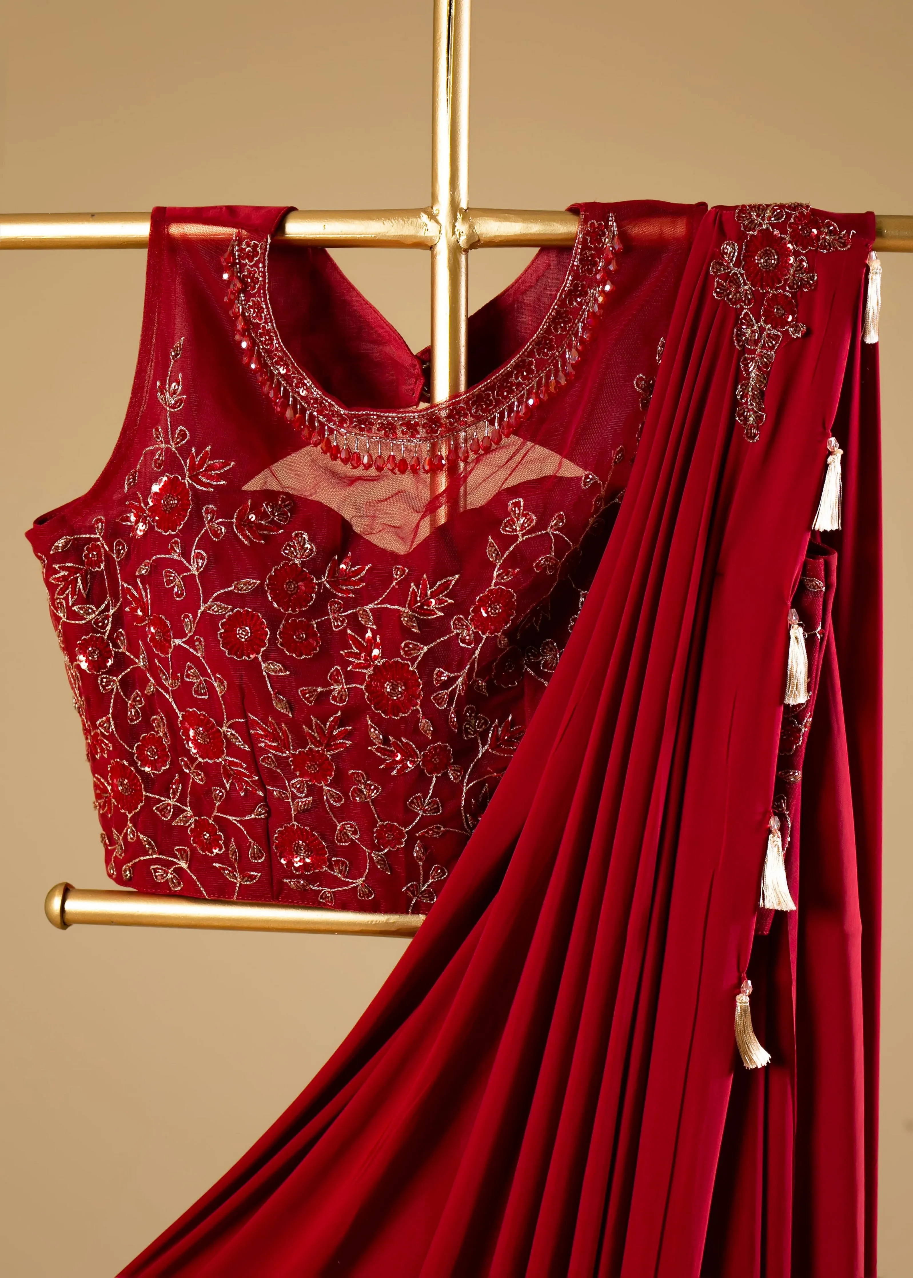 Ready-to-Wear Drape Saree, Stitched with Thread and Sequence Work Blouse and Gold Tassels