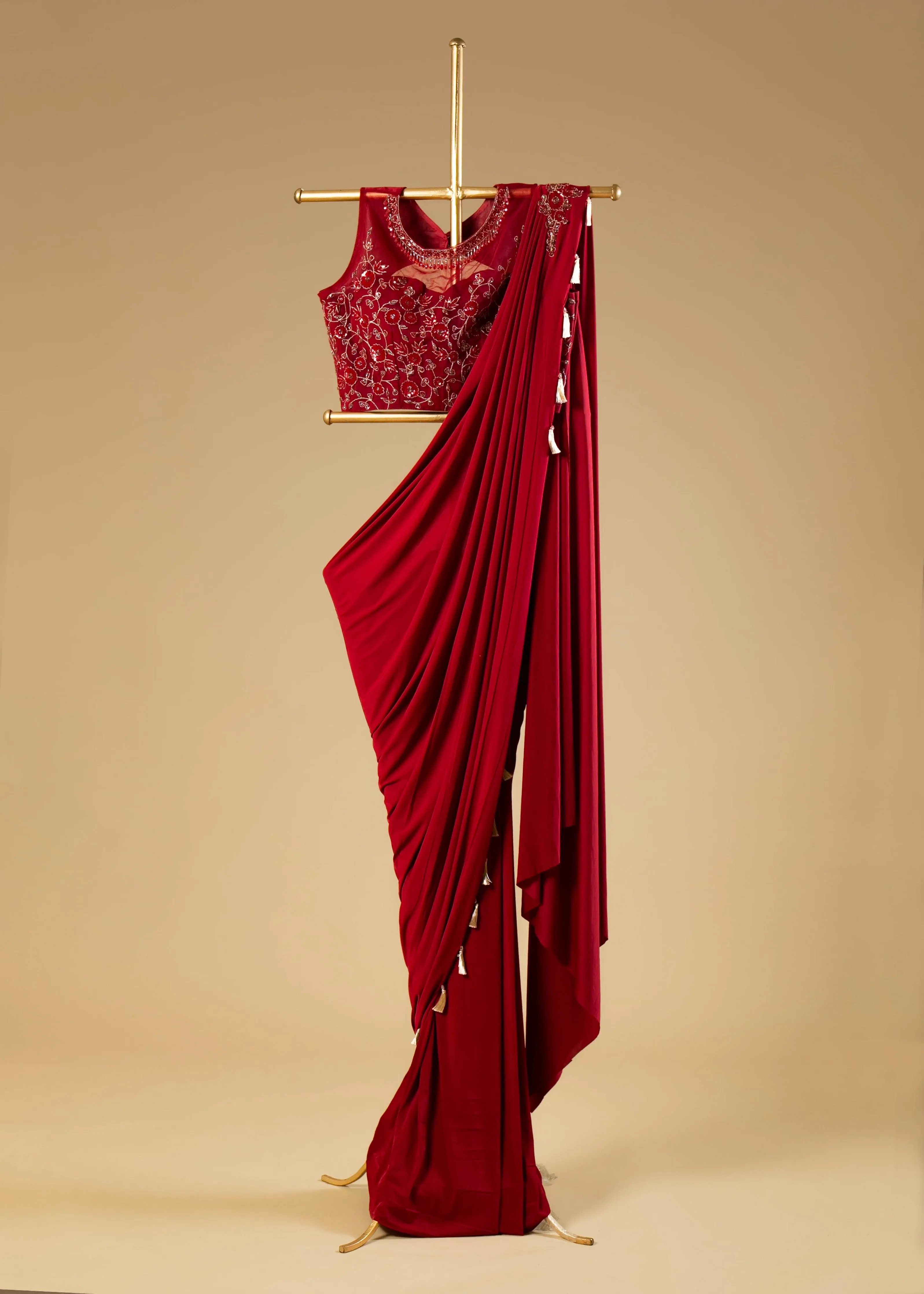 Ready-to-Wear Drape Saree, Stitched with Thread and Sequence Work Blouse and Gold Tassels