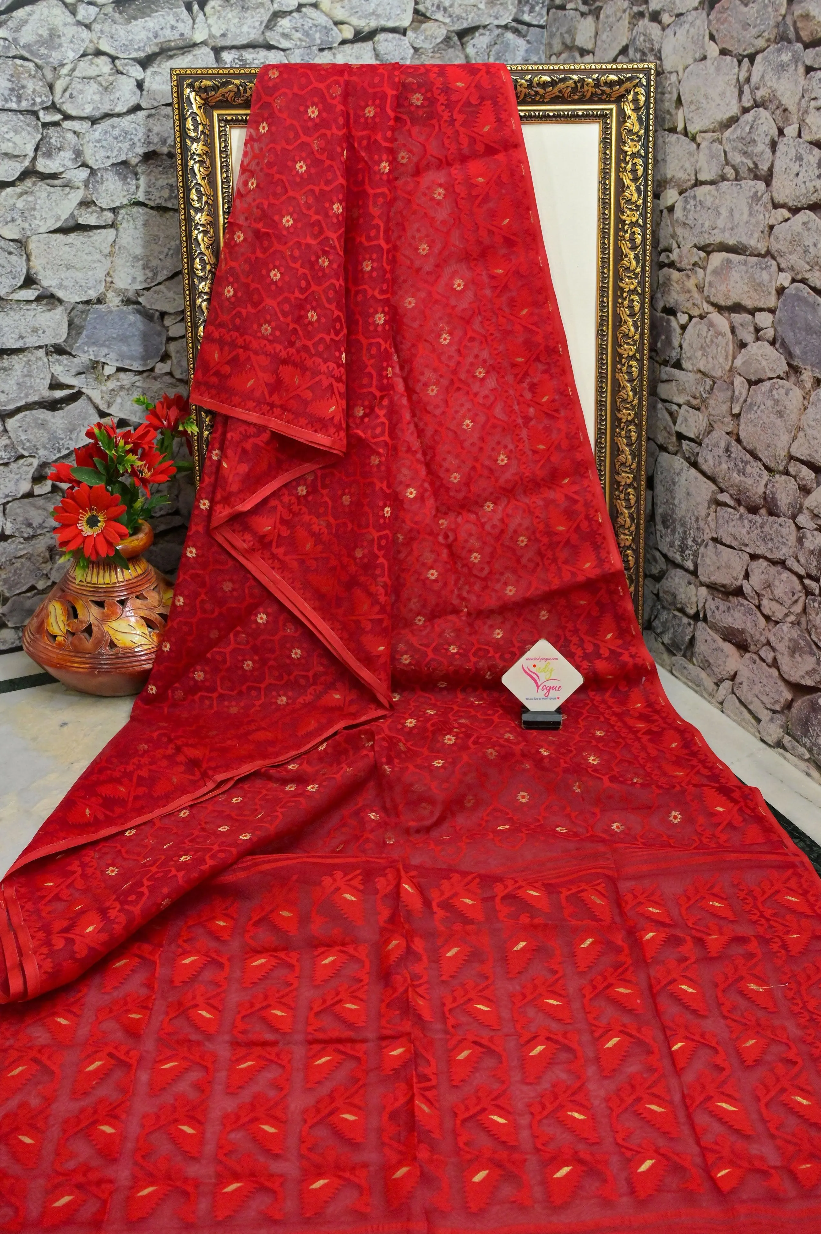 Red Color Pure Jamdani Saree with Blouse Piece