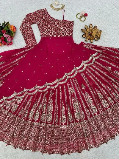 Red Georgette One Shoulder Peplum Style Lehenga Choli Set