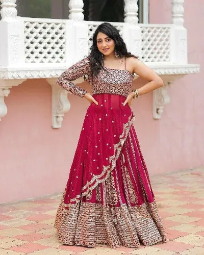 Red Georgette One Shoulder Peplum Style Lehenga Choli Set