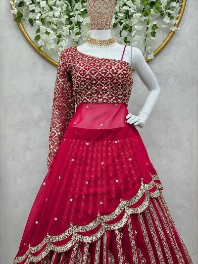 Red Georgette One Shoulder Peplum Style Lehenga Choli Set