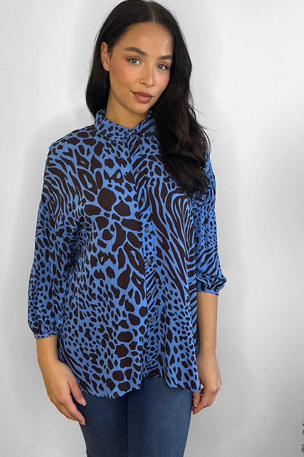 Royal Blue Mixed Animal Print Chiffon Shirt Blouse