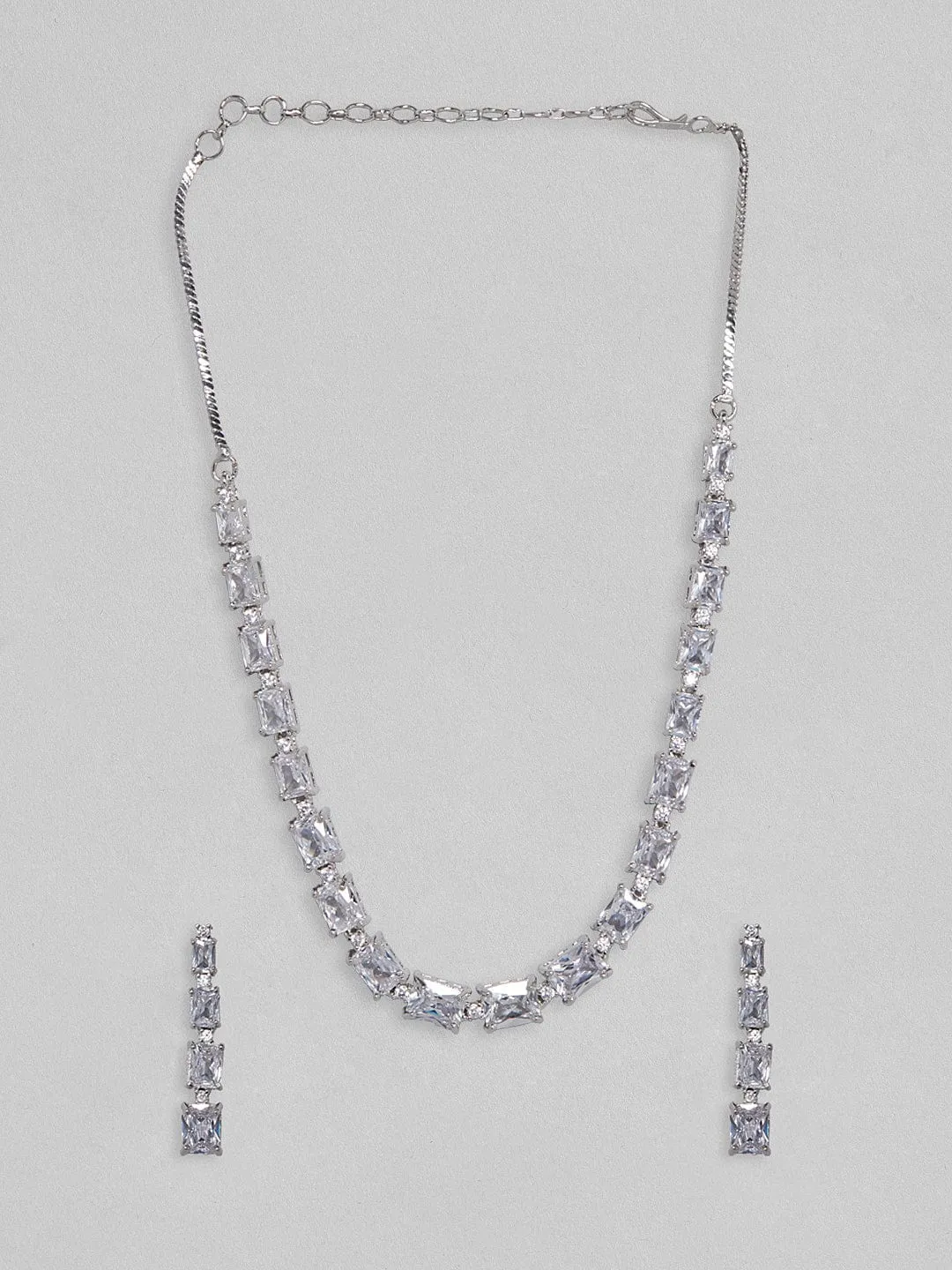 Rubans Silver Plated Necklace Set With White Stones.