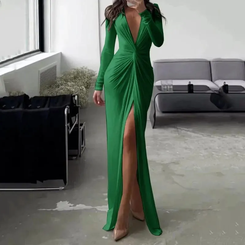 Sexy Long Sleeve V Neck Split Pleated Long Dress XL B-84946