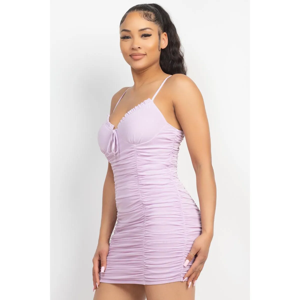 Shirred Bodycon Ruffled Trim Dress