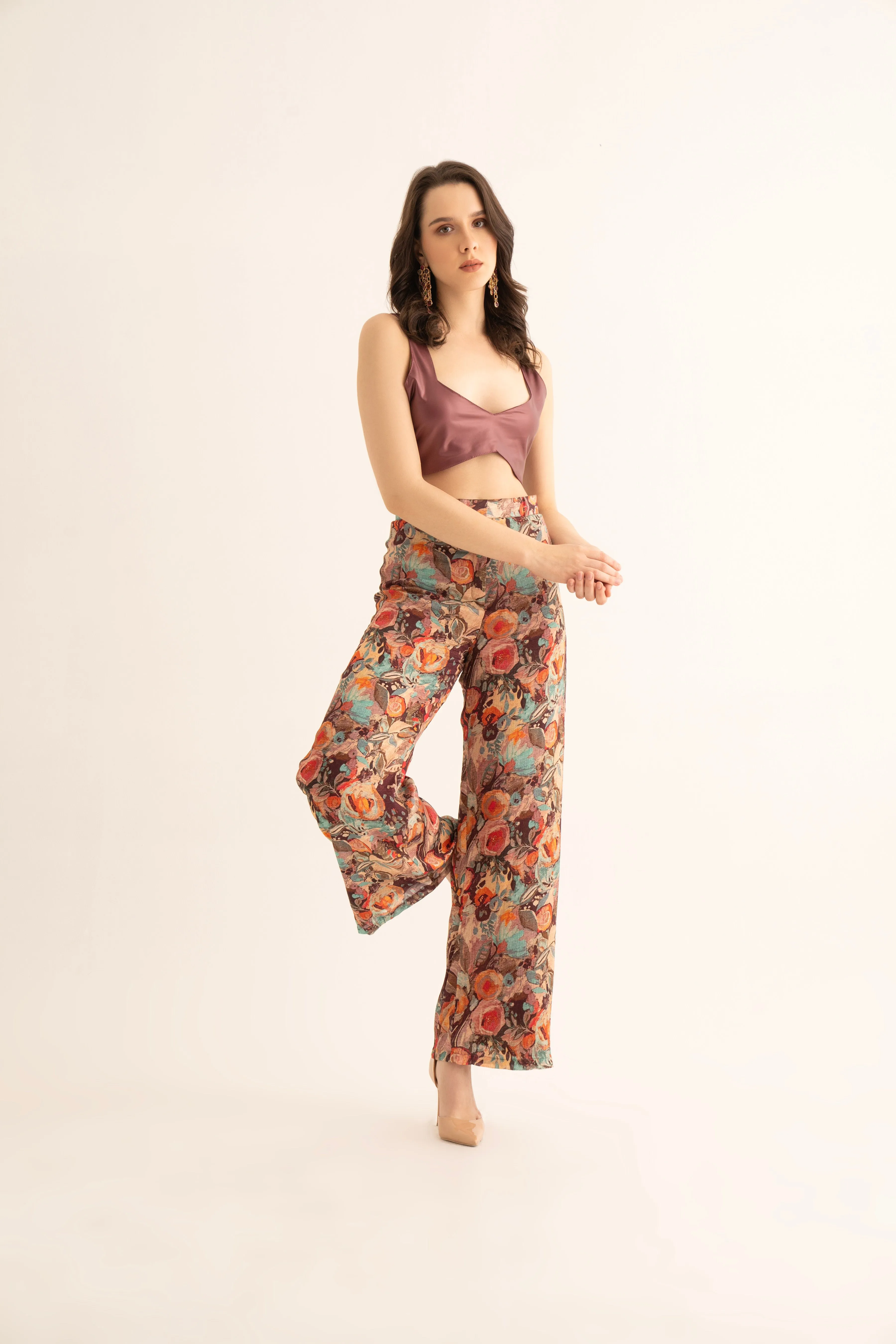 Smudged Floral Chinon Pants and Cherry Red Bralette Co-ord