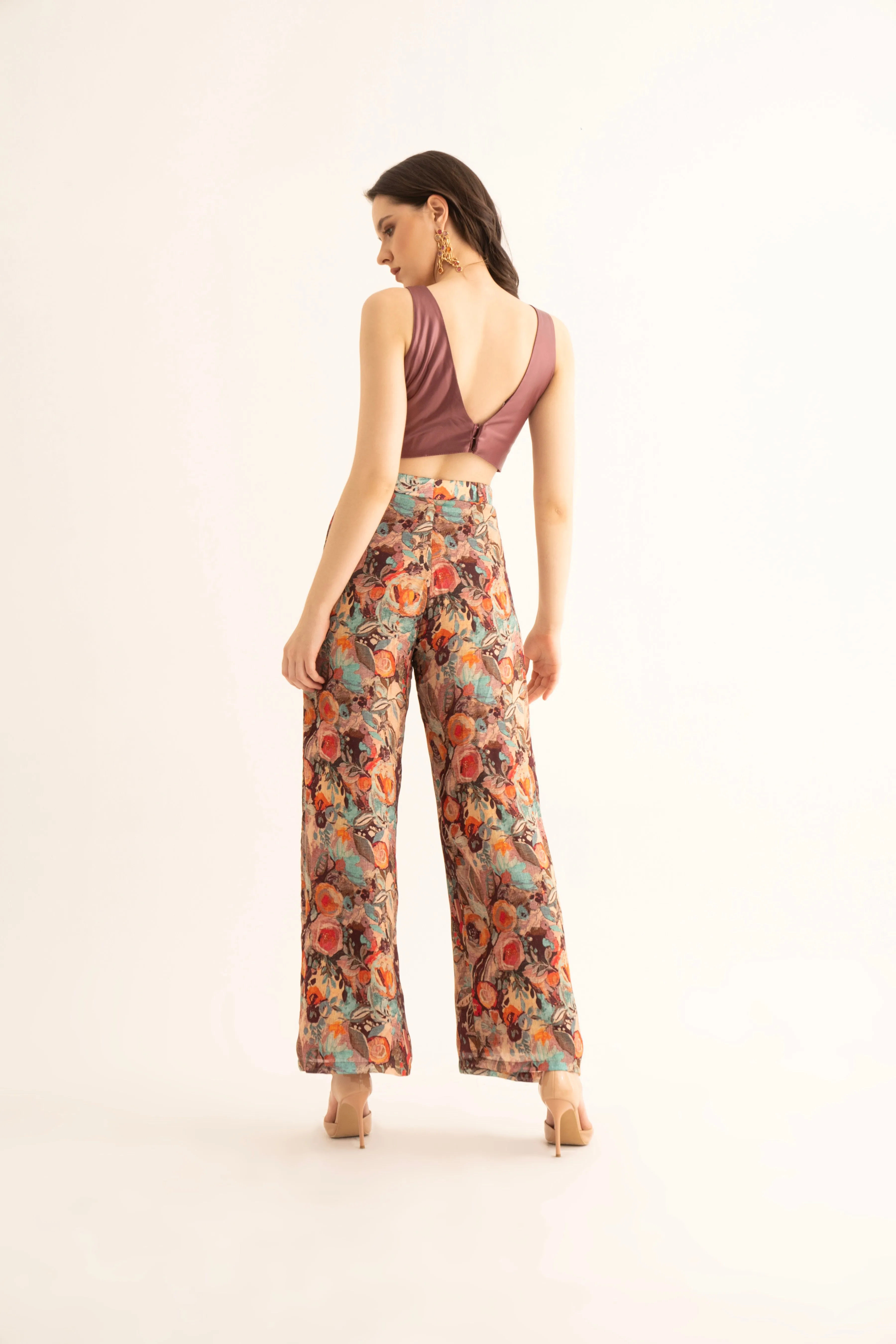 Smudged Floral Chinon Pants and Cherry Red Bralette Co-ord