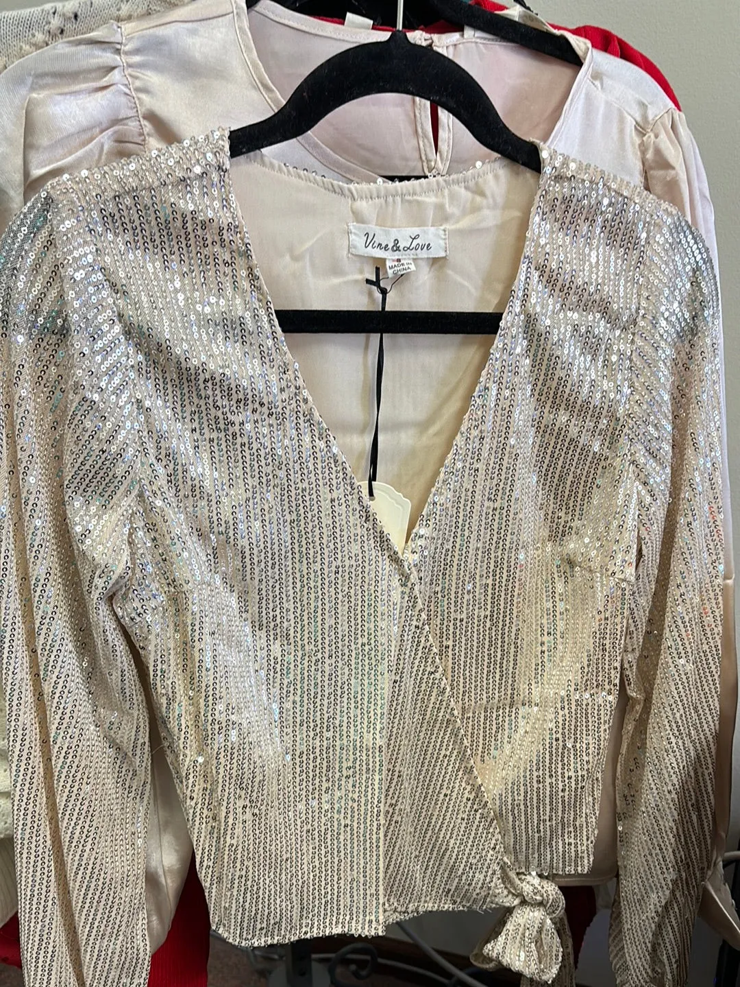 Sparkle Of Love Sequin Surplus Tie Waist Blouse : Champagne