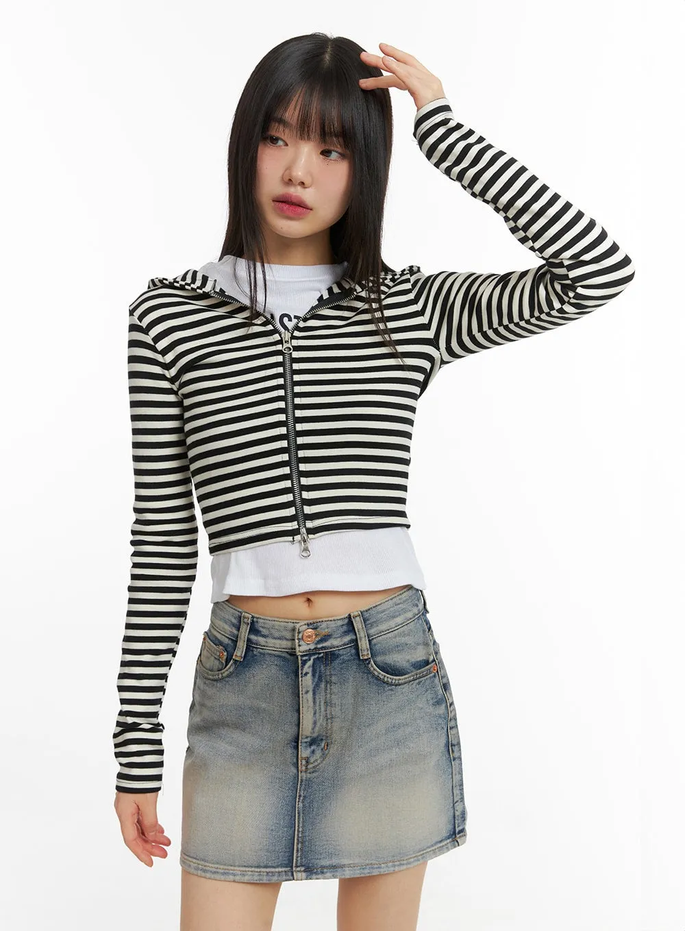 Stripe Hooded Crop Zip-Up Top CJ412