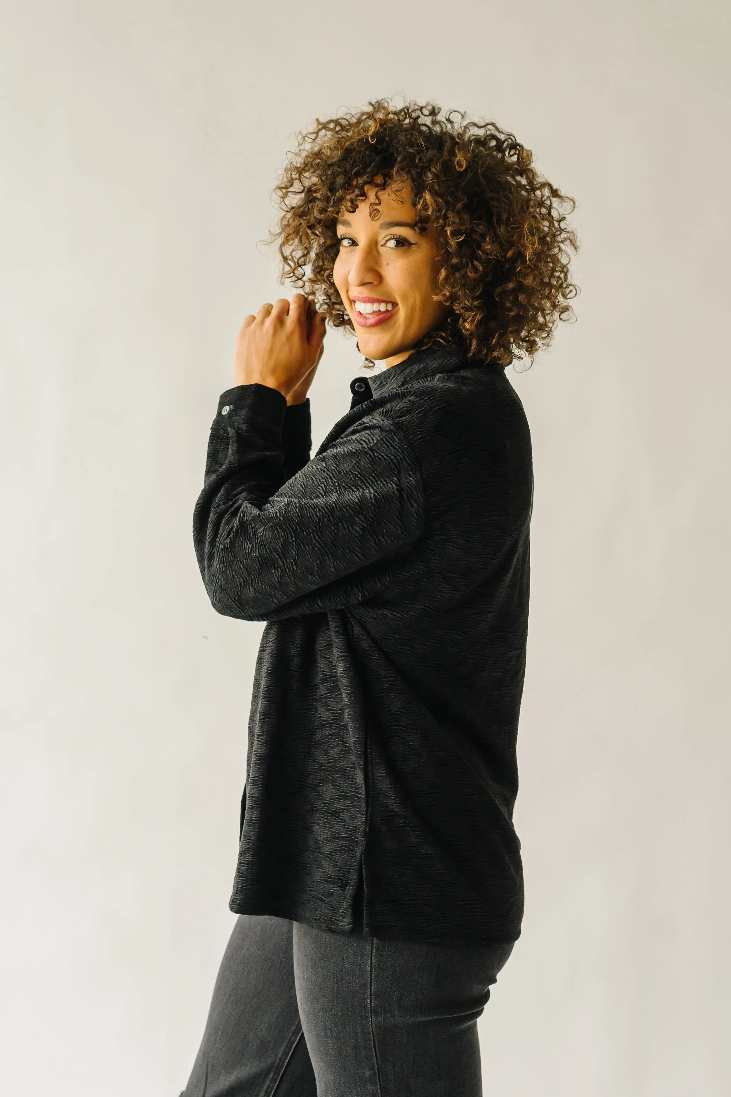 The Warrensburg Textured Button Up Blouse in Black