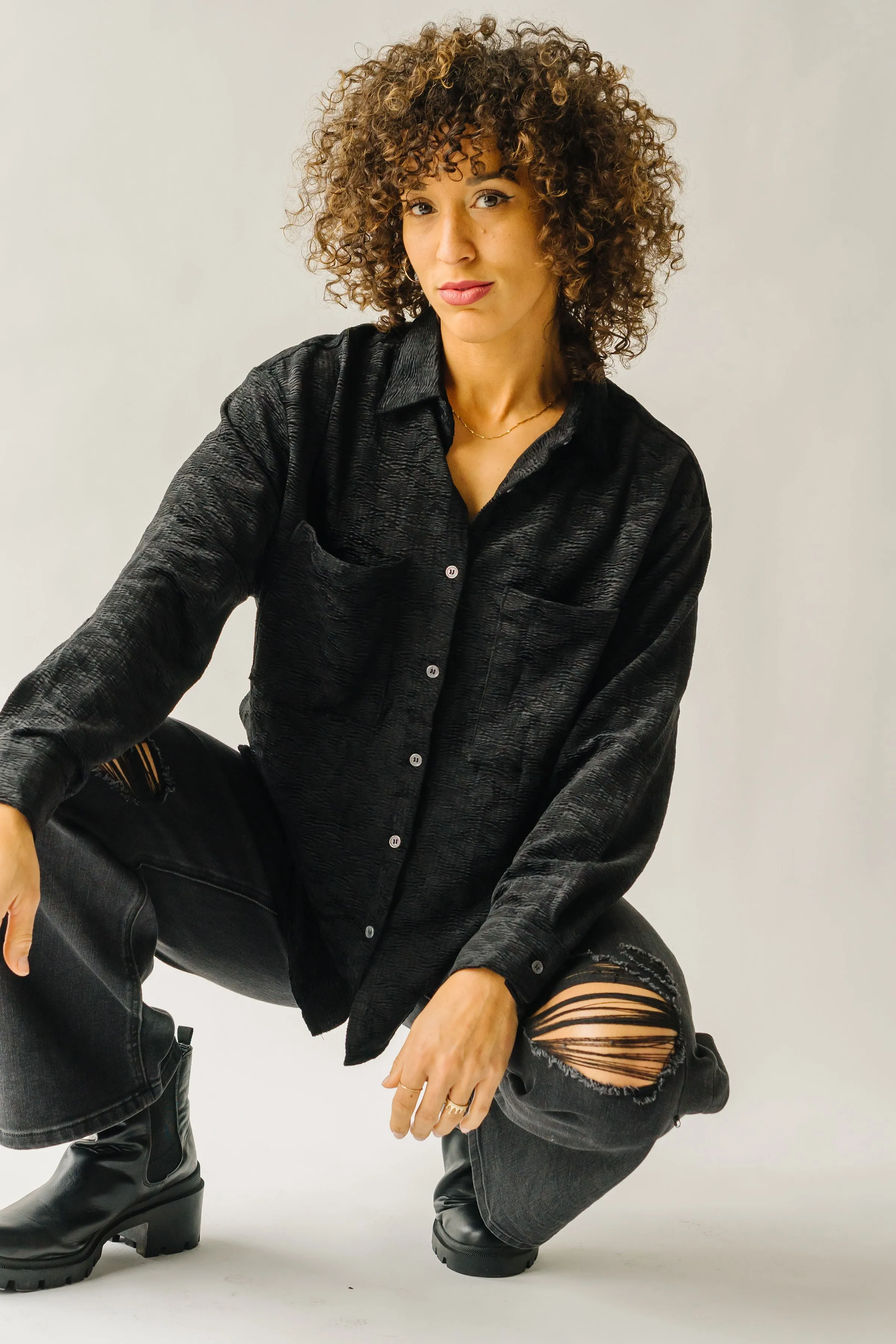 The Warrensburg Textured Button Up Blouse in Black