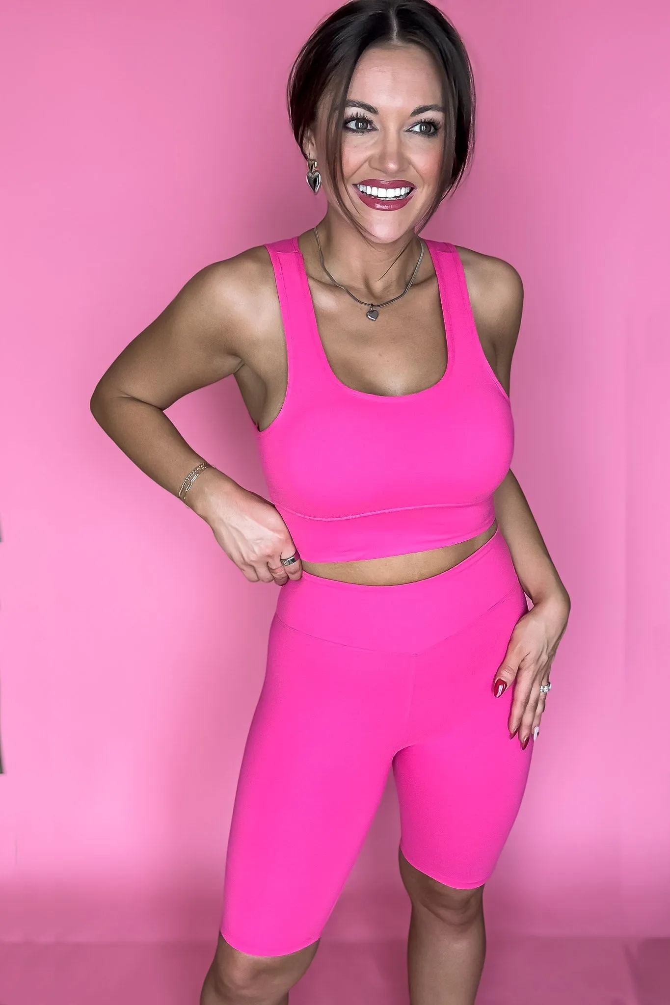 Top Notch Fuchsia Solid Padded Bra Activewear Biker Set