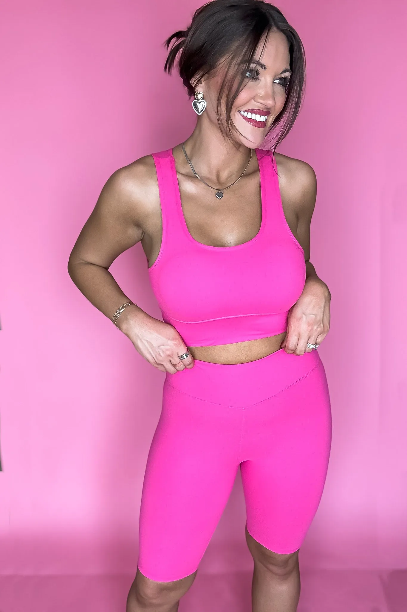 Top Notch Fuchsia Solid Padded Bra Activewear Biker Set