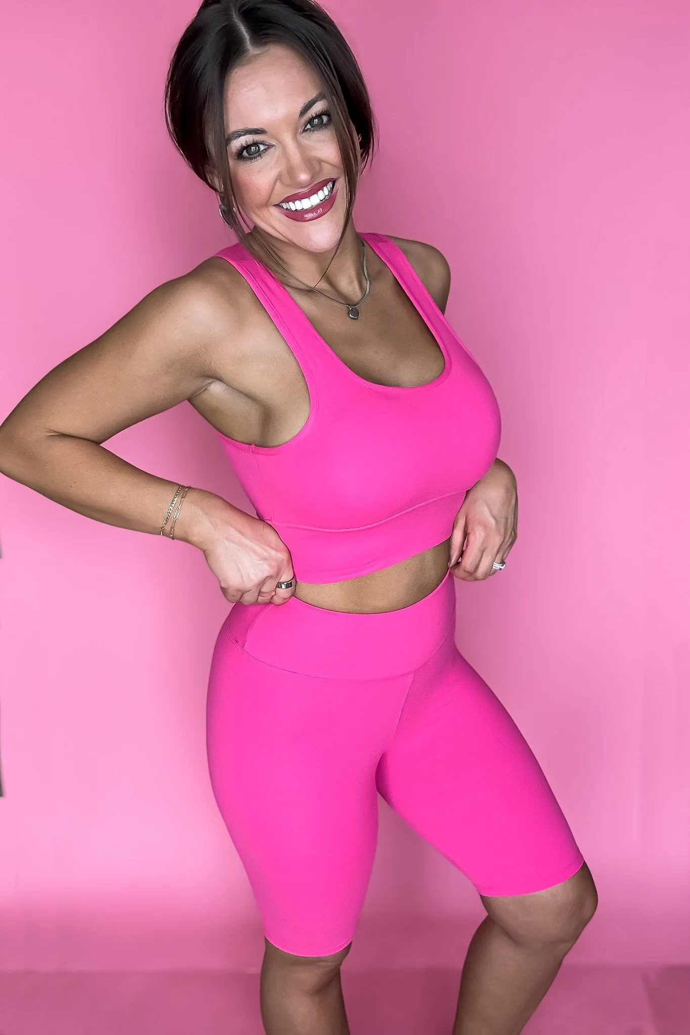 Top Notch Fuchsia Solid Padded Bra Activewear Biker Set