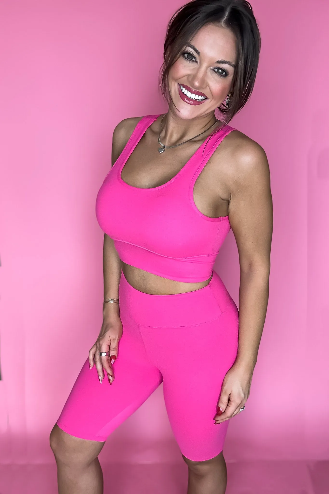 Top Notch Fuchsia Solid Padded Bra Activewear Biker Set