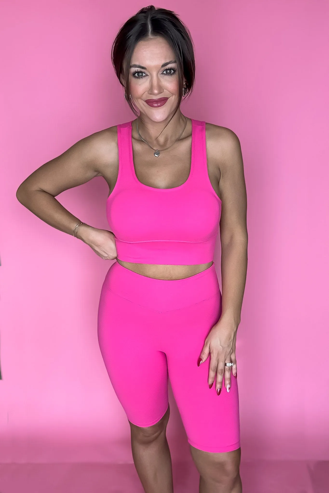 Top Notch Fuchsia Solid Padded Bra Activewear Biker Set