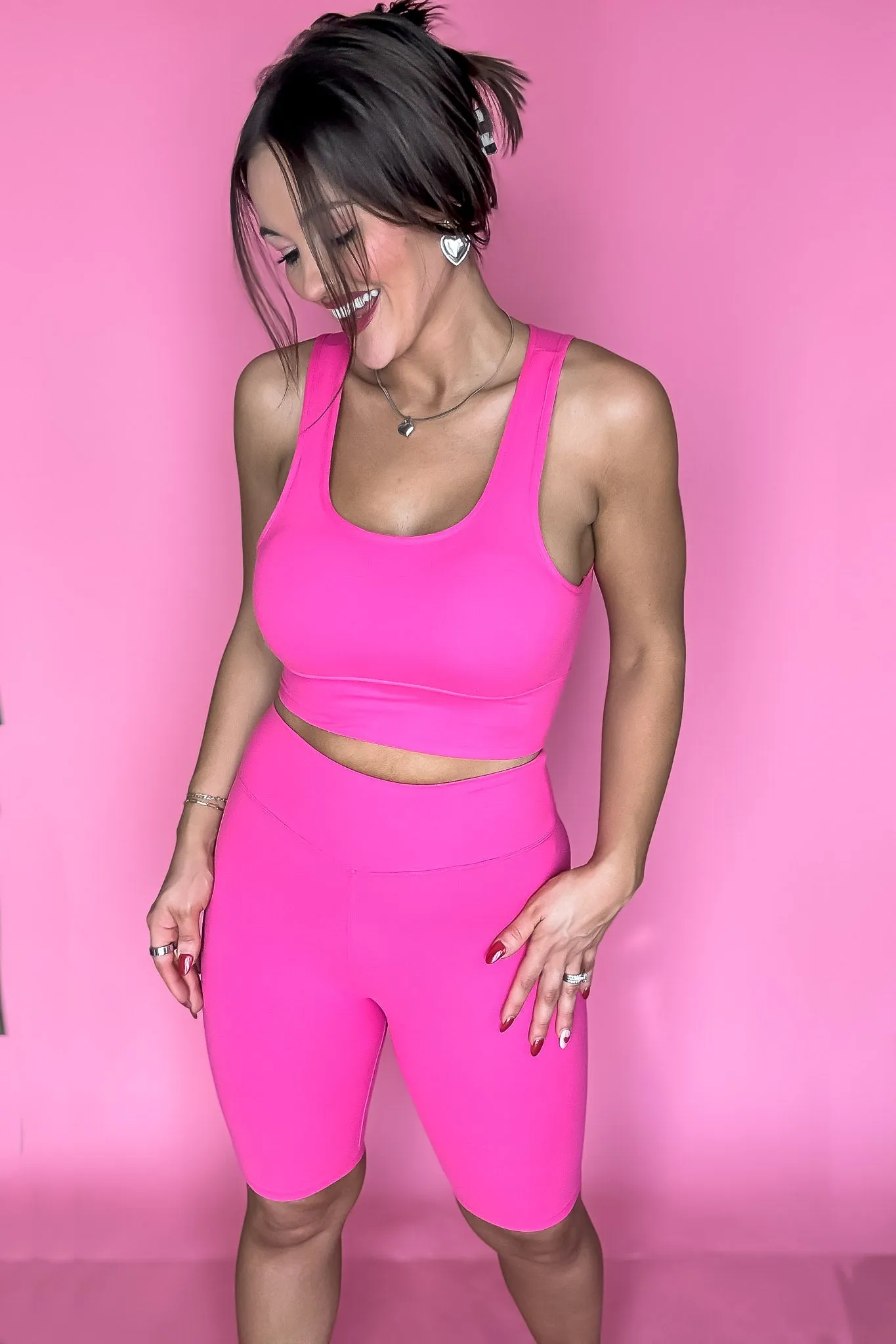 Top Notch Fuchsia Solid Padded Bra Activewear Biker Set