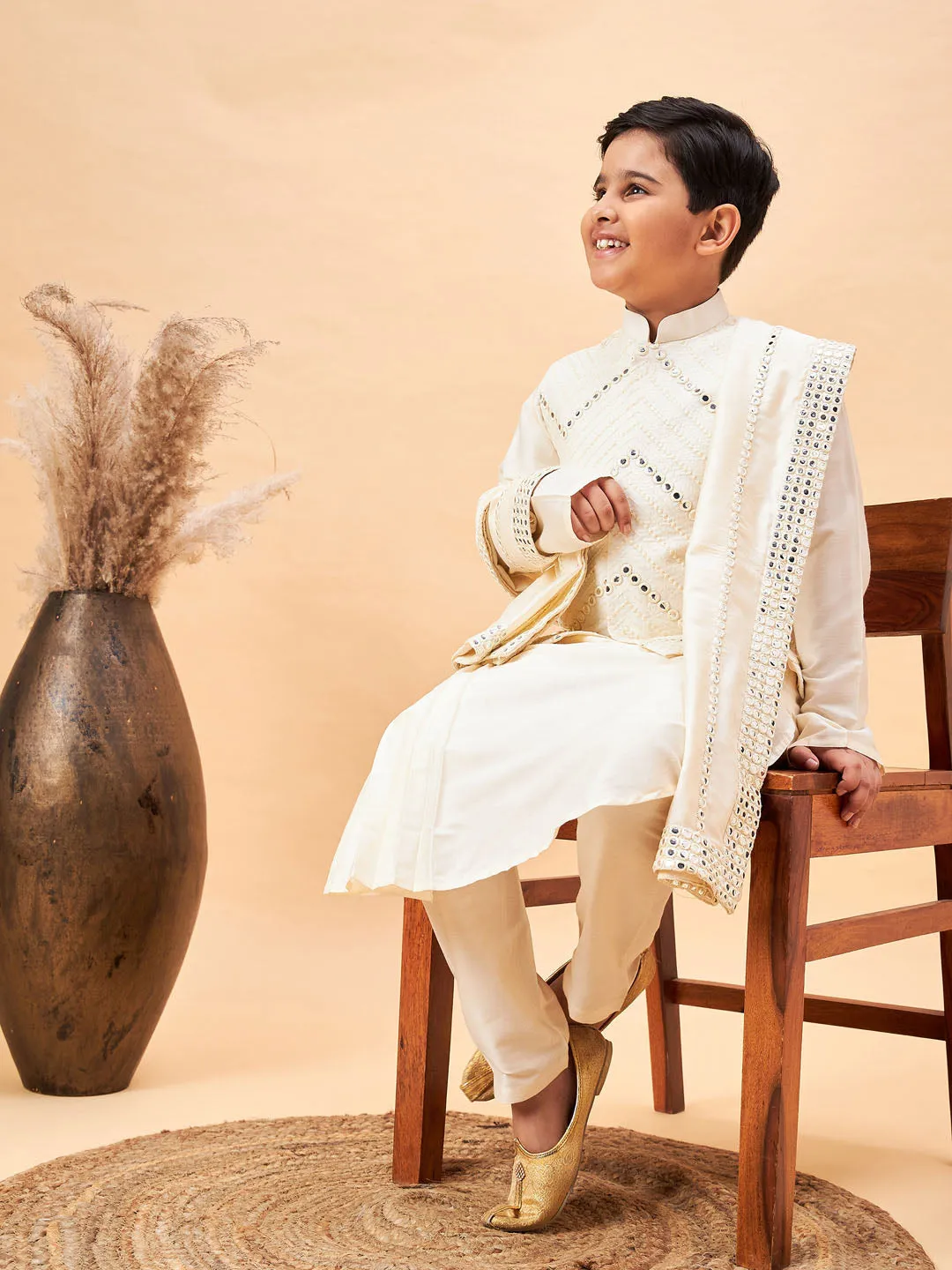 VASTRAMAY Boy's Cream Mirror Work Jacket And Pleated Kurta Pyjama Set With Ethnic Dupatta