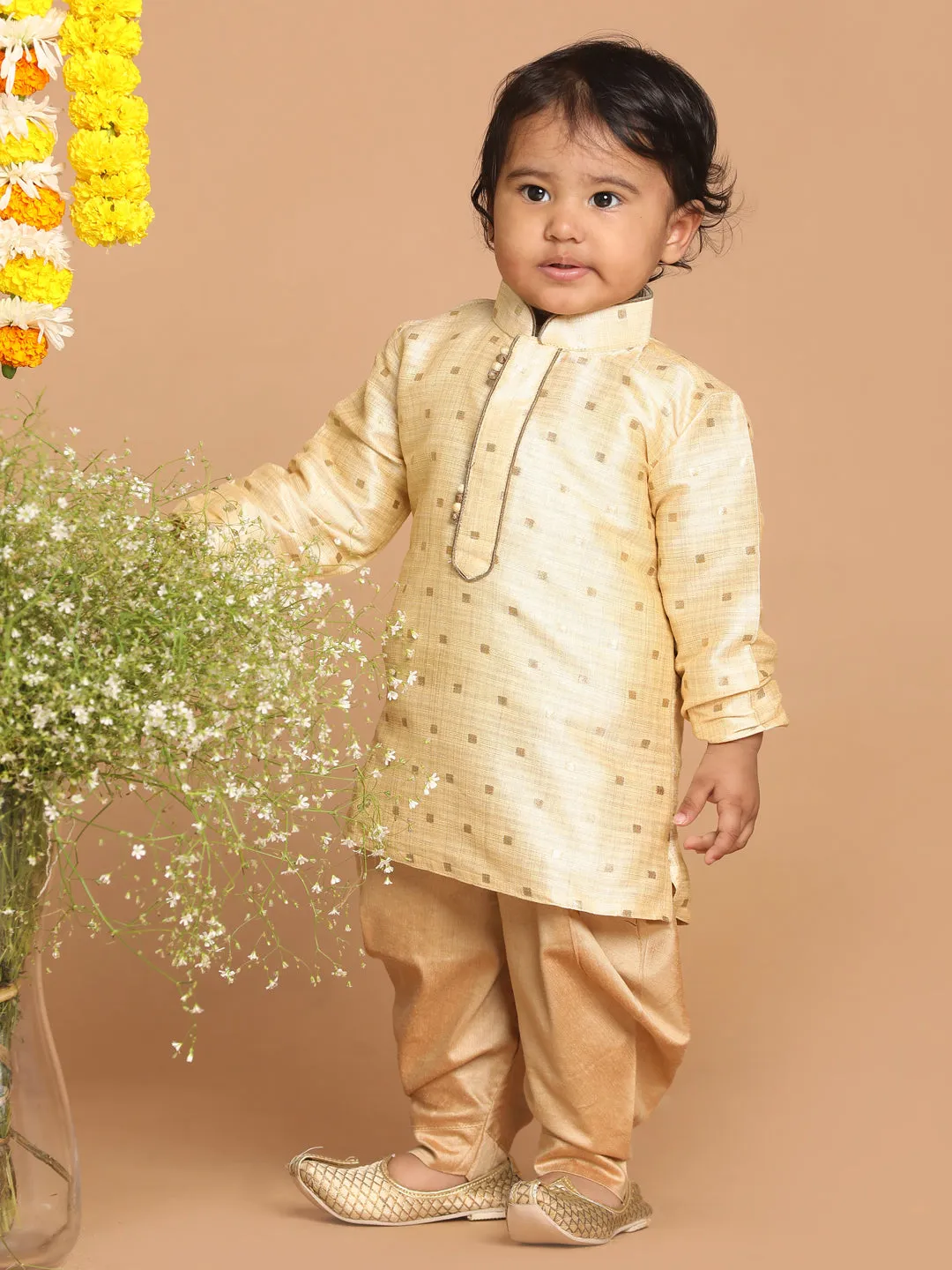 VASTRAMAY Boy's Gold Woven Design Kurta With Dhoti Set