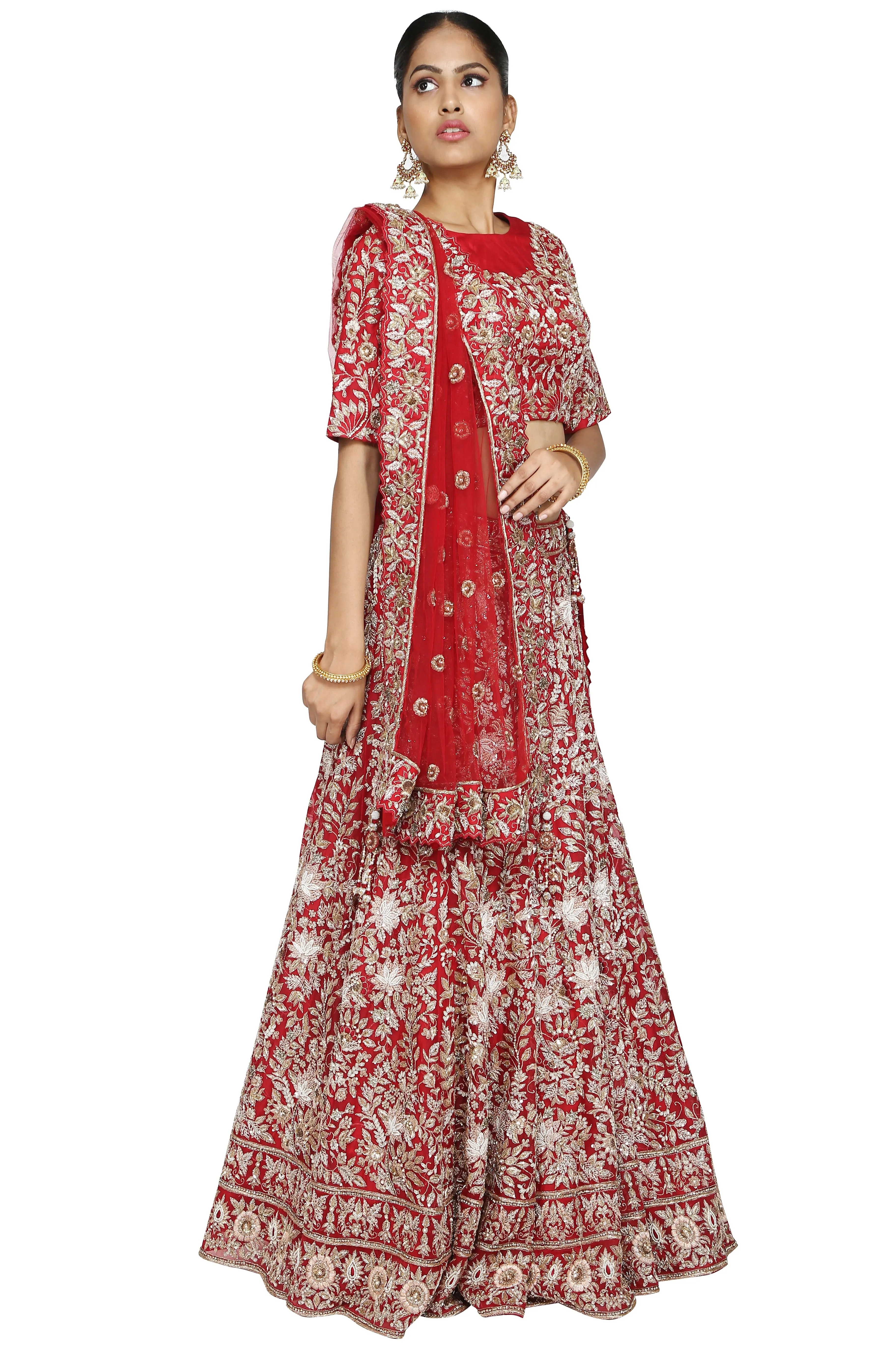 Vermilion red lehenga set.