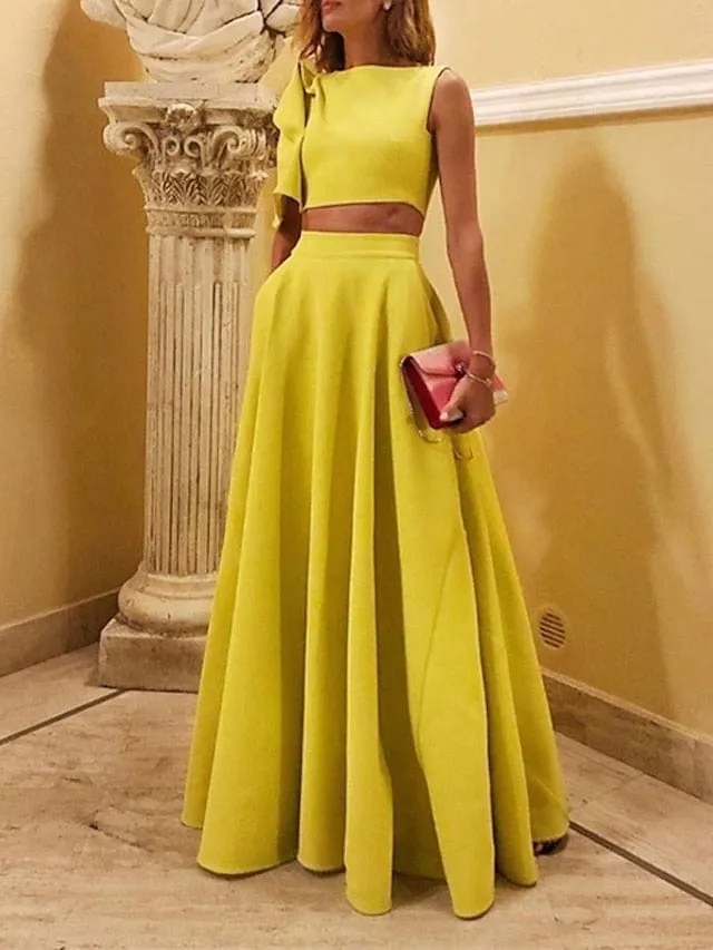 Yellow Ruffle Two-Piece Maxi Dress Set with Short Sleeve - Women's Spring and Summer Party Dress