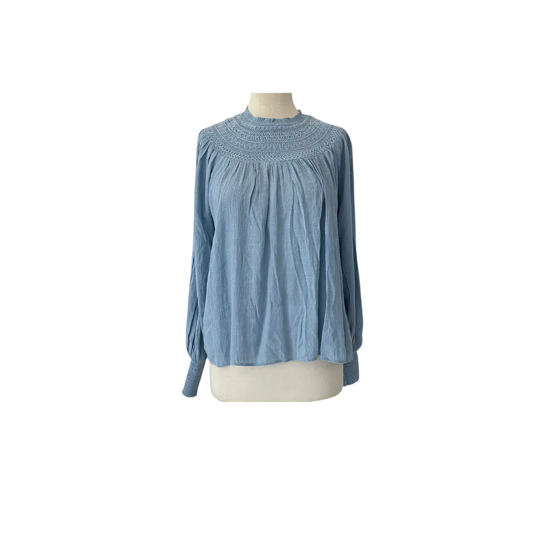 ZARA Light-blue Embroidered High-neck Blouse | Gently Used |